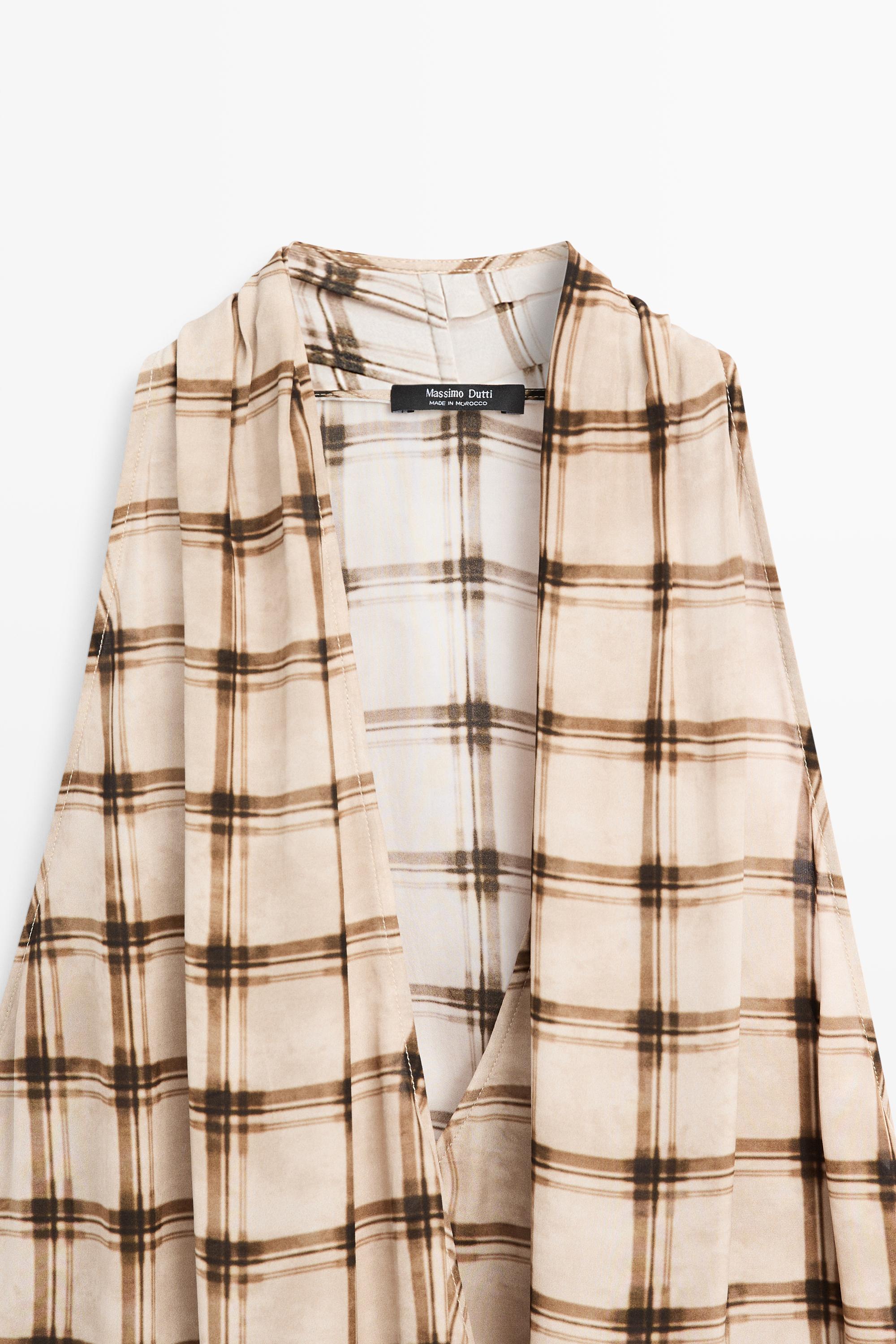 Flowing check print surplice top — BROWN