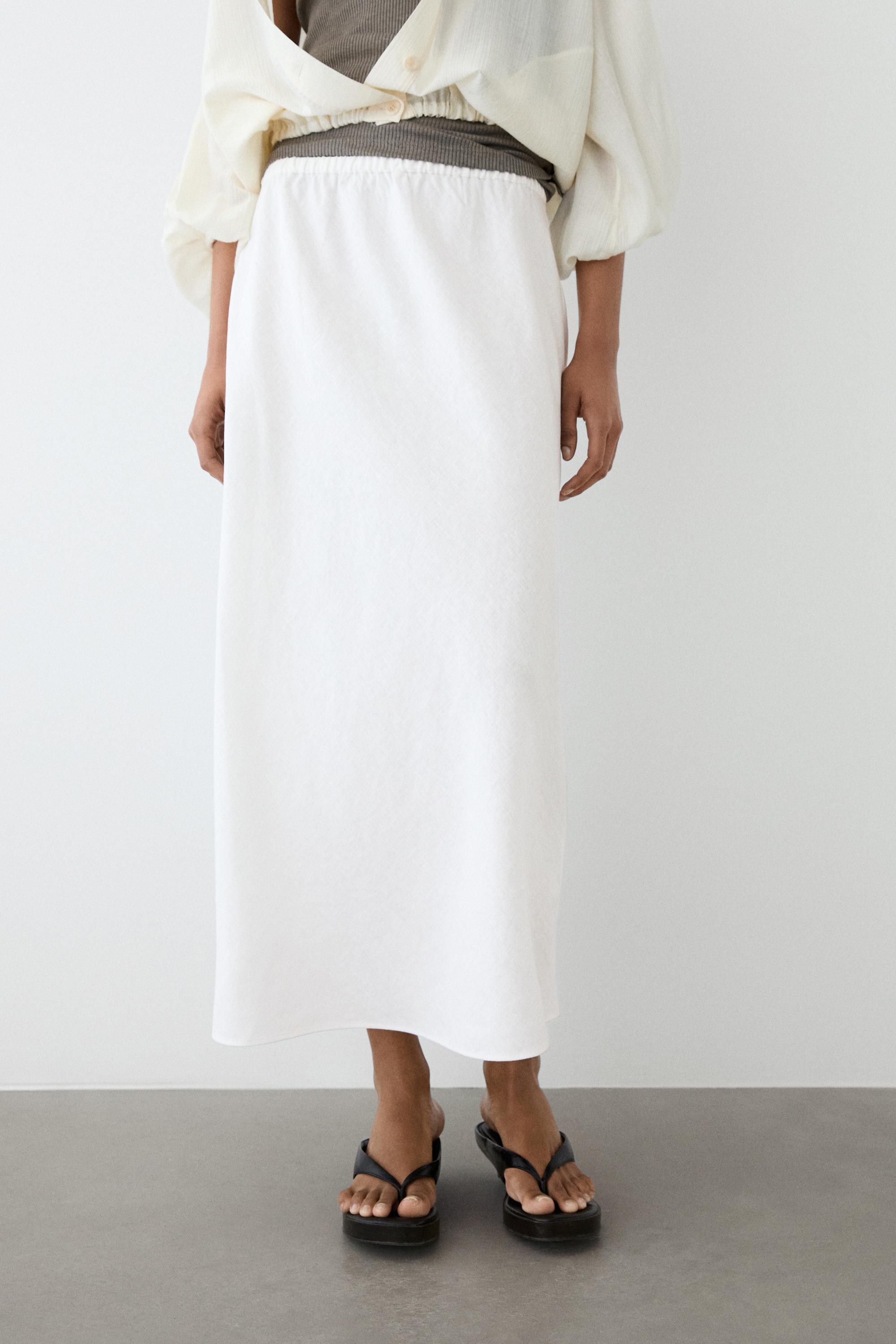 Jupe midi élastique à la taille 100 % lin