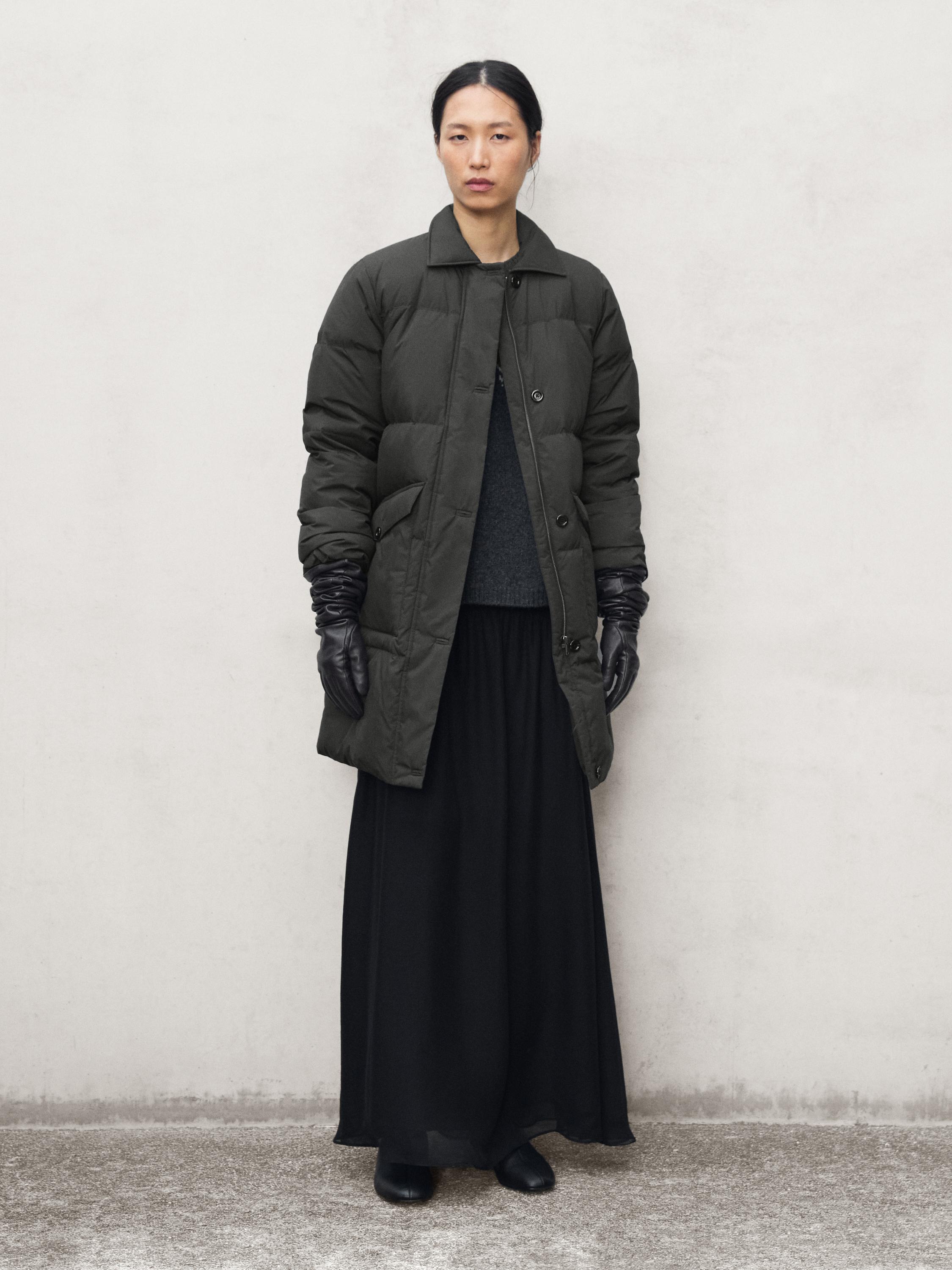 Long water-repellent down jacket with collar detail