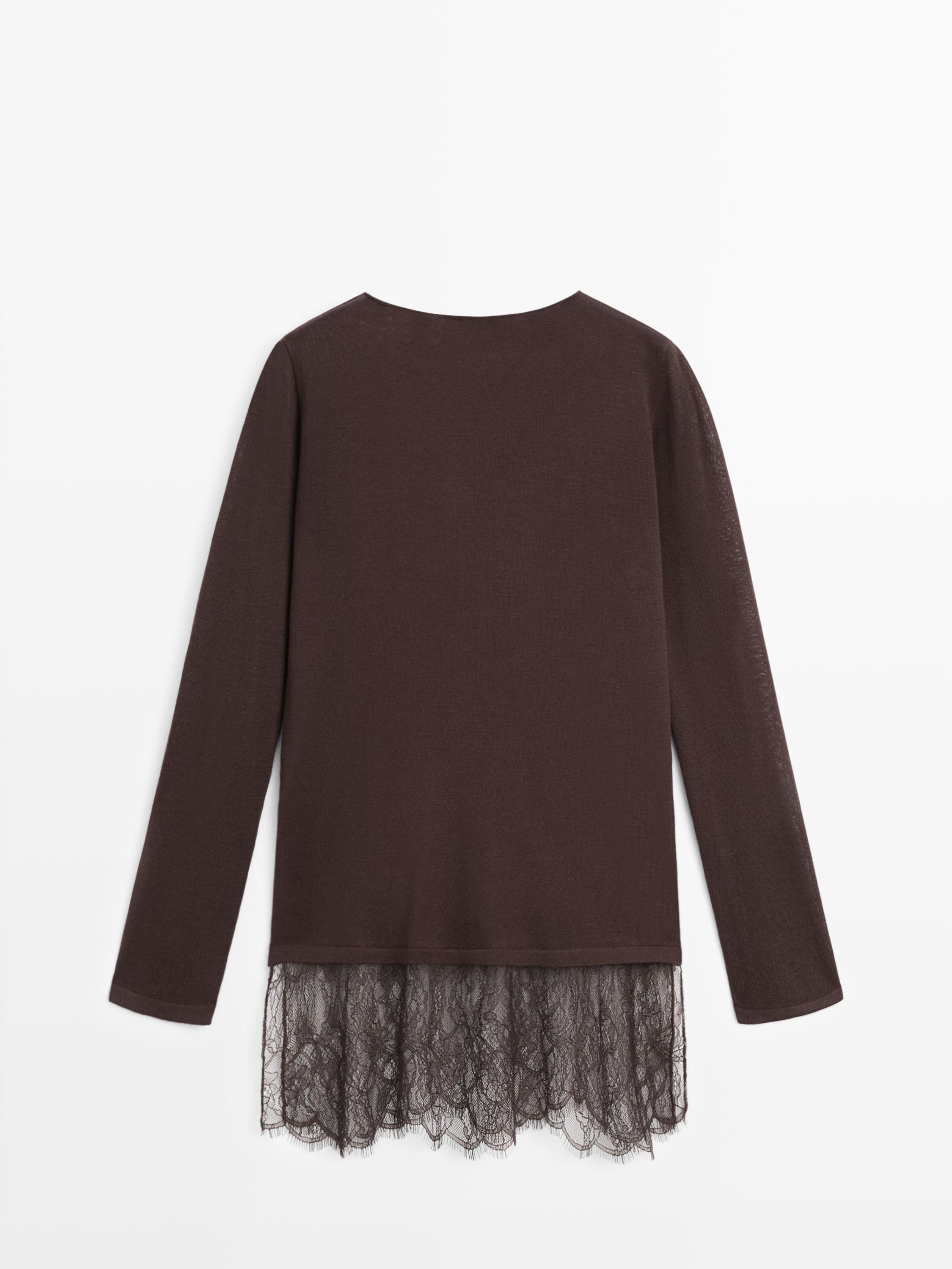 Long sleeve T-shirt with lace detail — BROWN