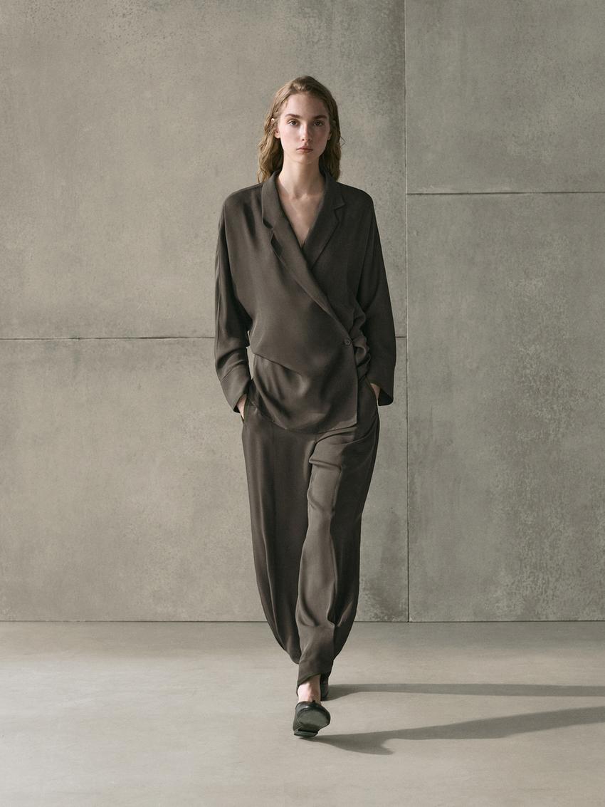 Flowing Double-Breasted Overshirt by Massimo Dutti in a soft neutral tone