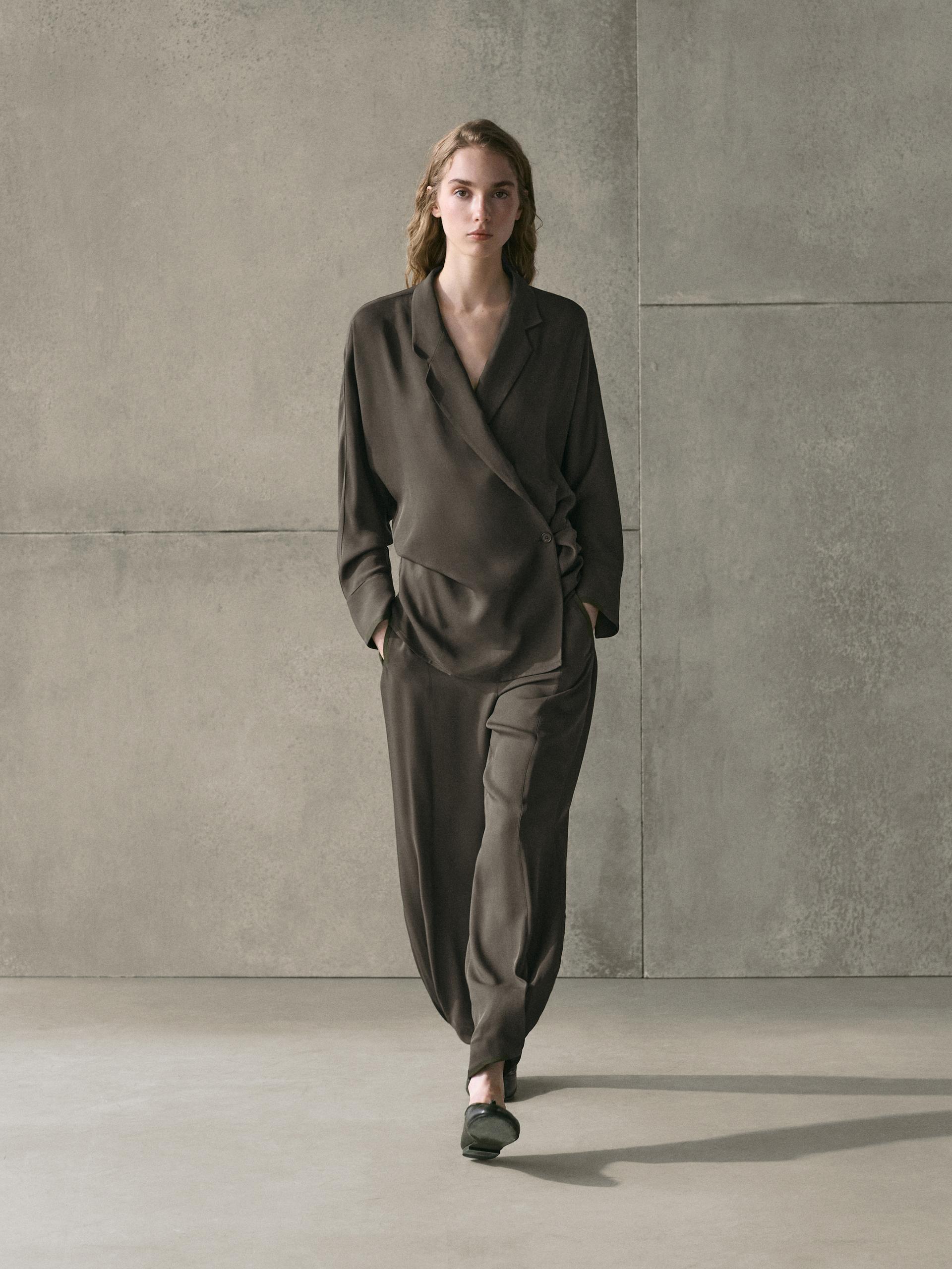 Sobrecamisa Fluida Cruzada - Verde Grisáceo - M - Massimo Dutti - Mujer