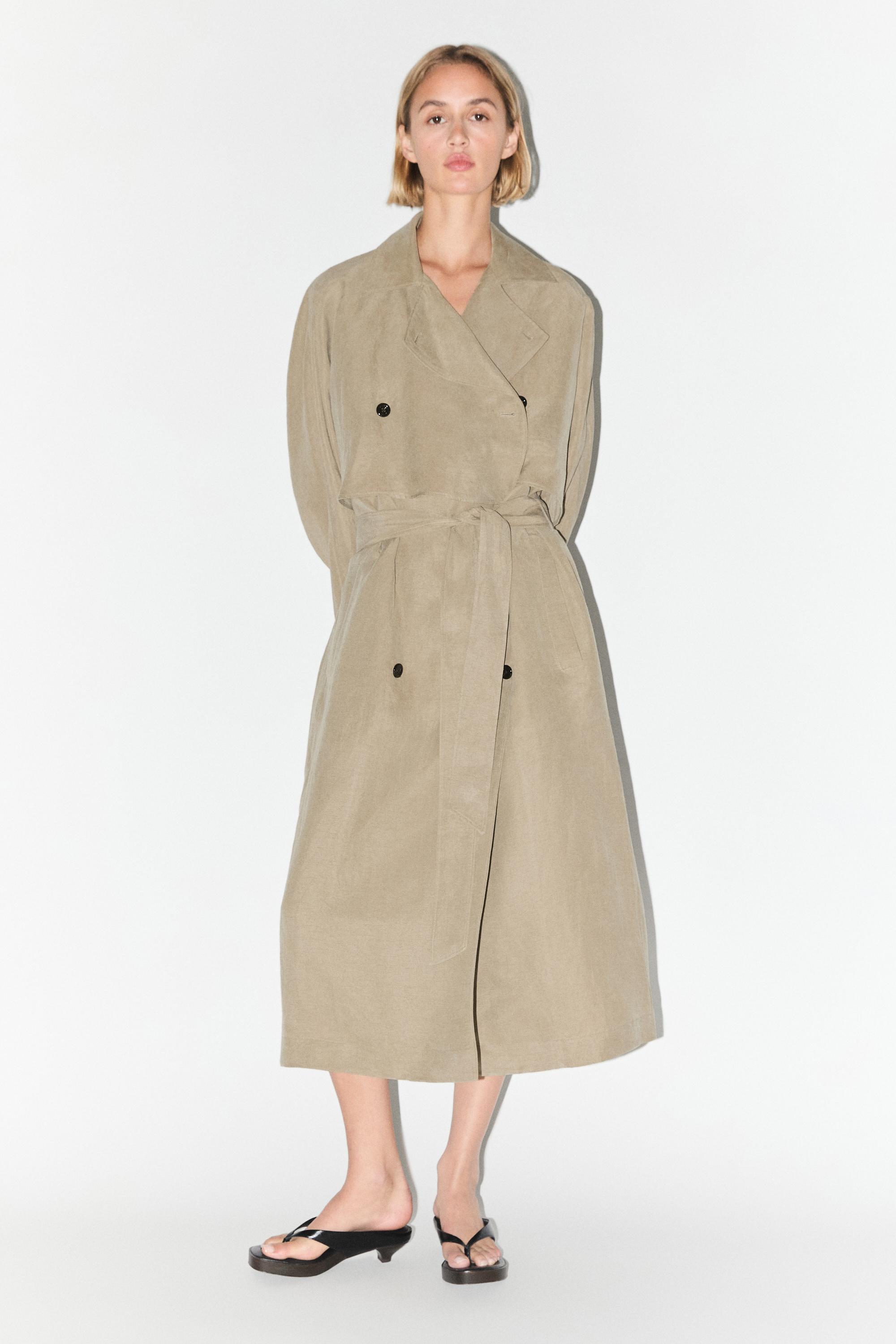 Linen blend trench coat with belt detail — SAND BROWN