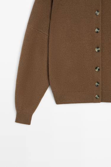 Wool and cashmere knit funnel neck cardigan — Caramel 7