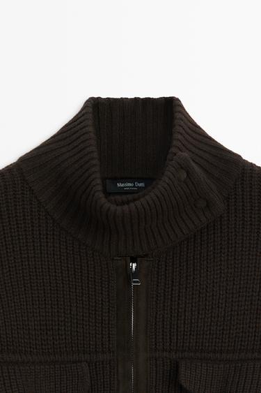 Mixed-Knit Suede Pocket Cardigan — BROWN 9