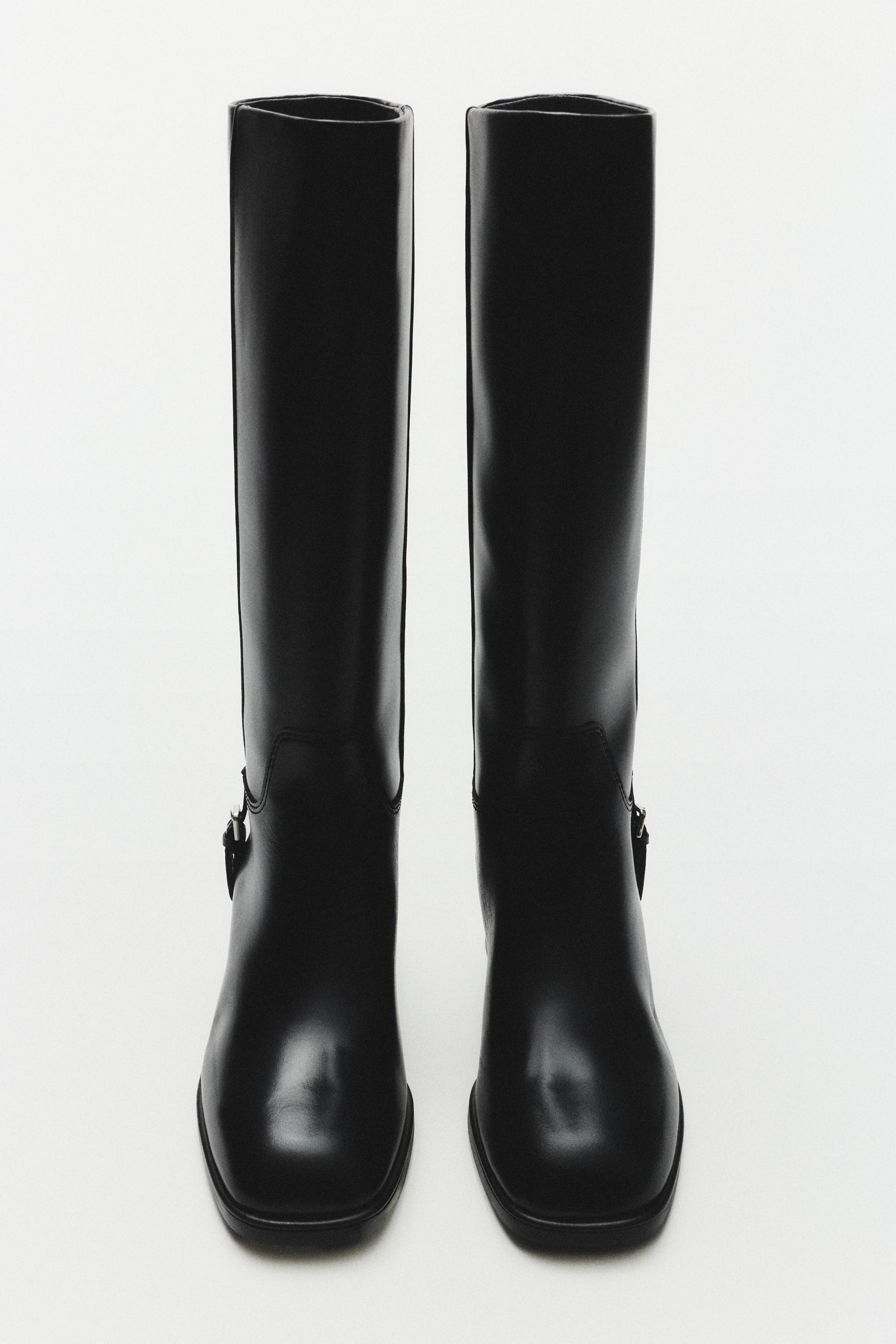 Flat leather boots with lateral buckle — BLACK