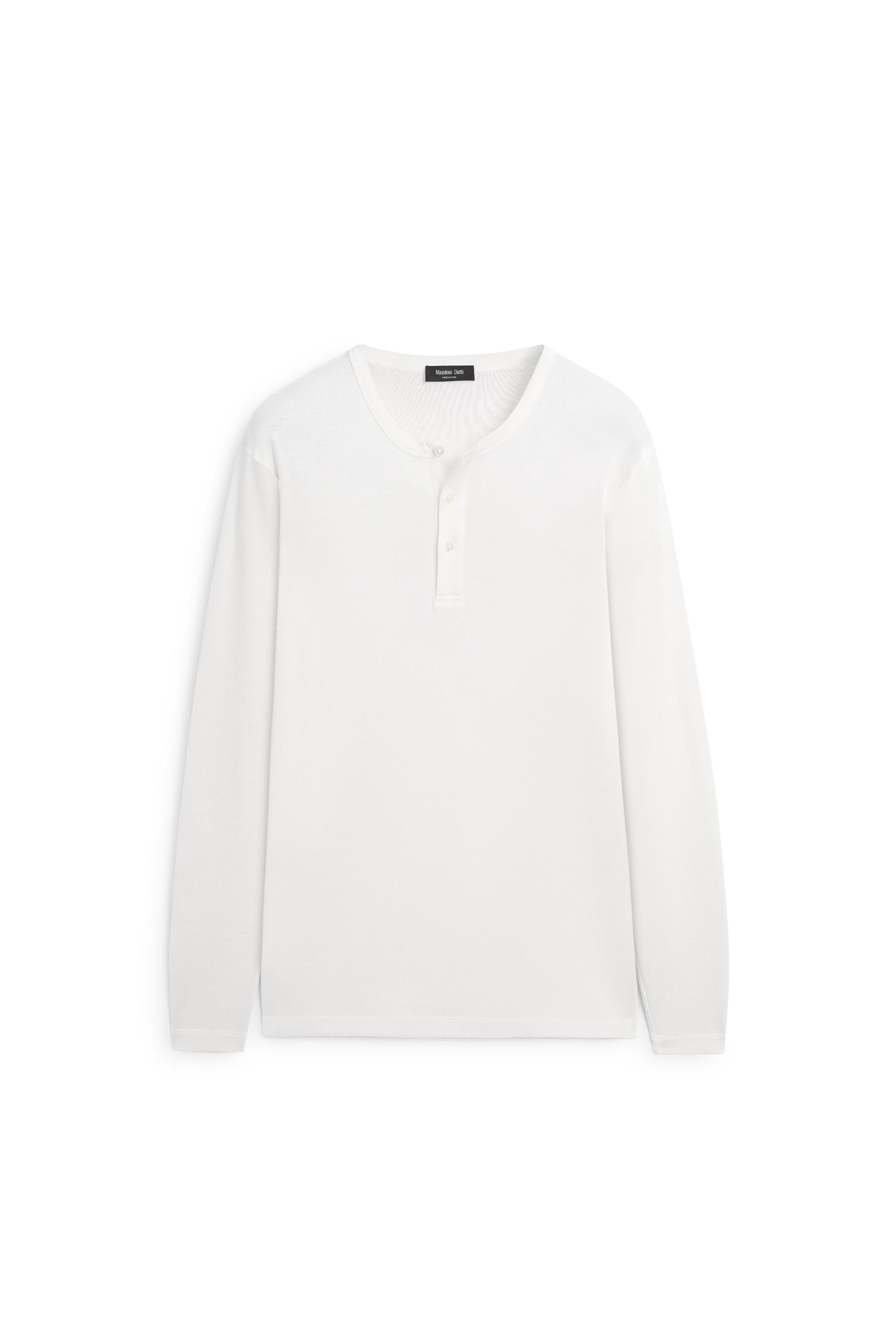 100% cotton long sleeve henley T-shirt — WHITE