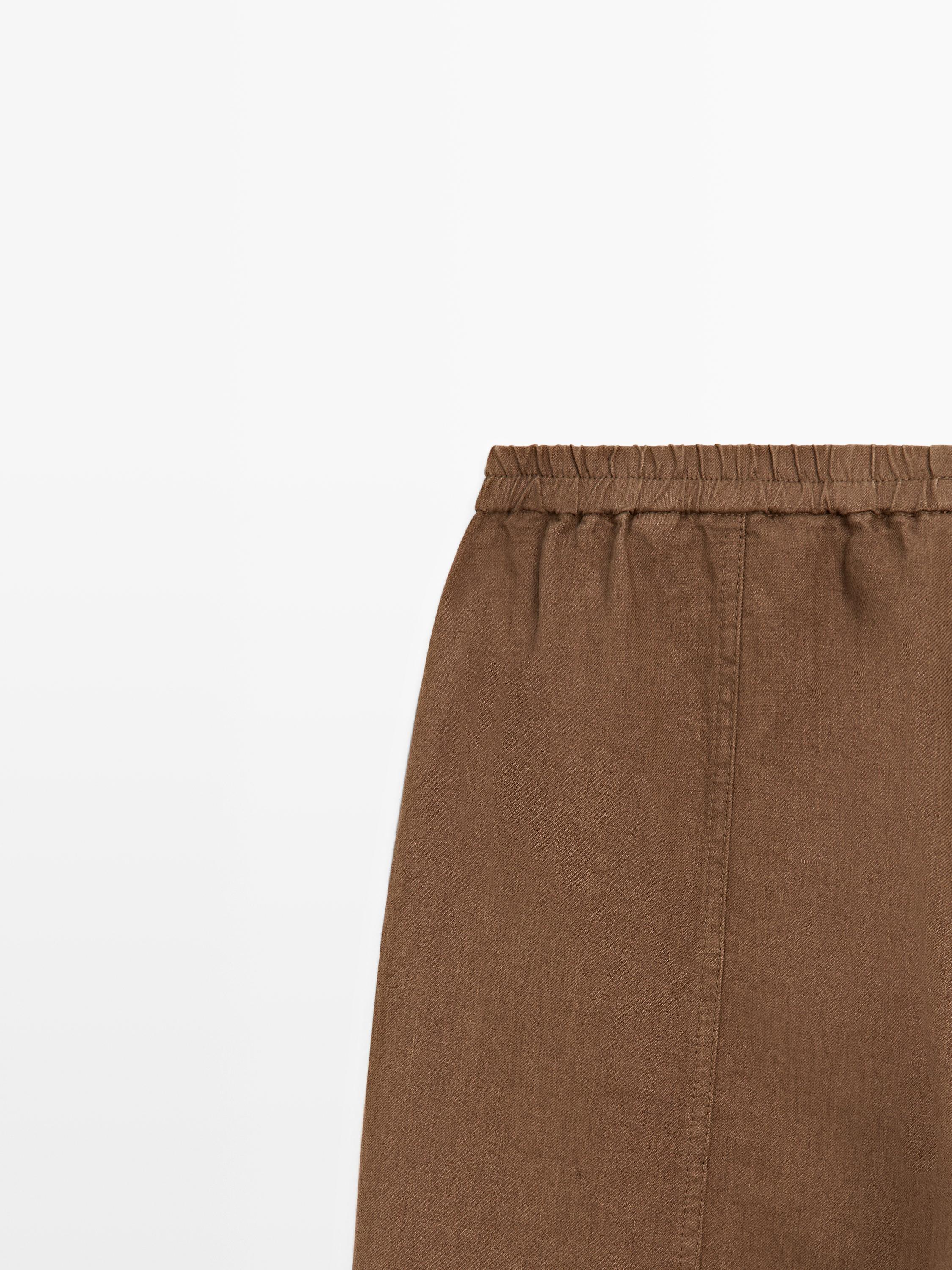Linen pants with elastic waistband detail — BROWN
