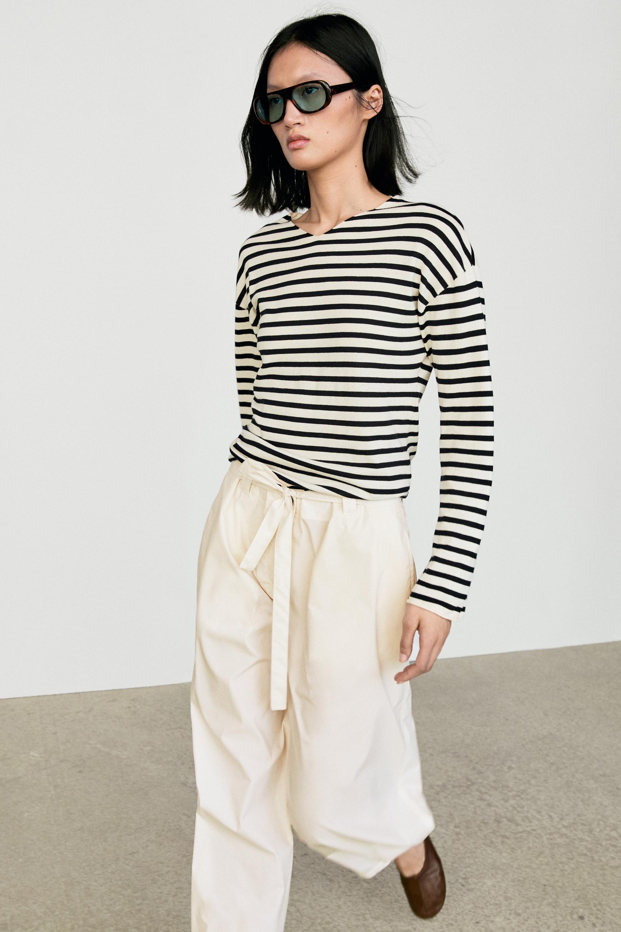 100% cotton long sleeve striped sweater — NAVY BLUE