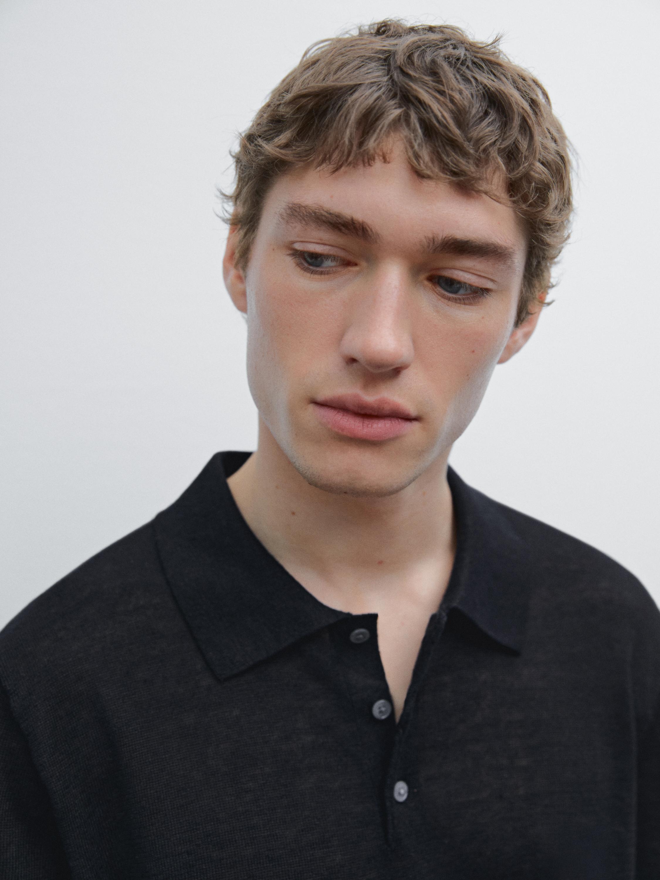 Linen polo collar knit sweater