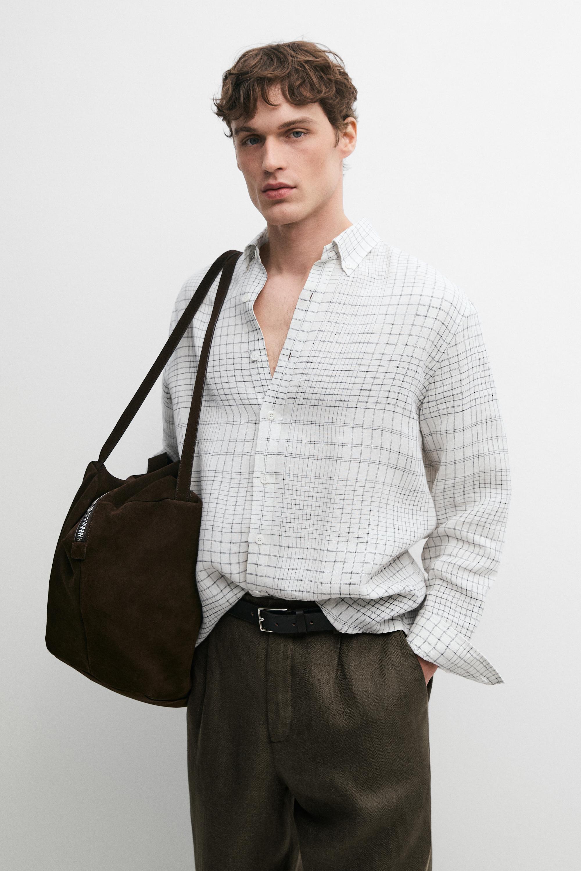 100% linen regular fit check shirt — WHITE
