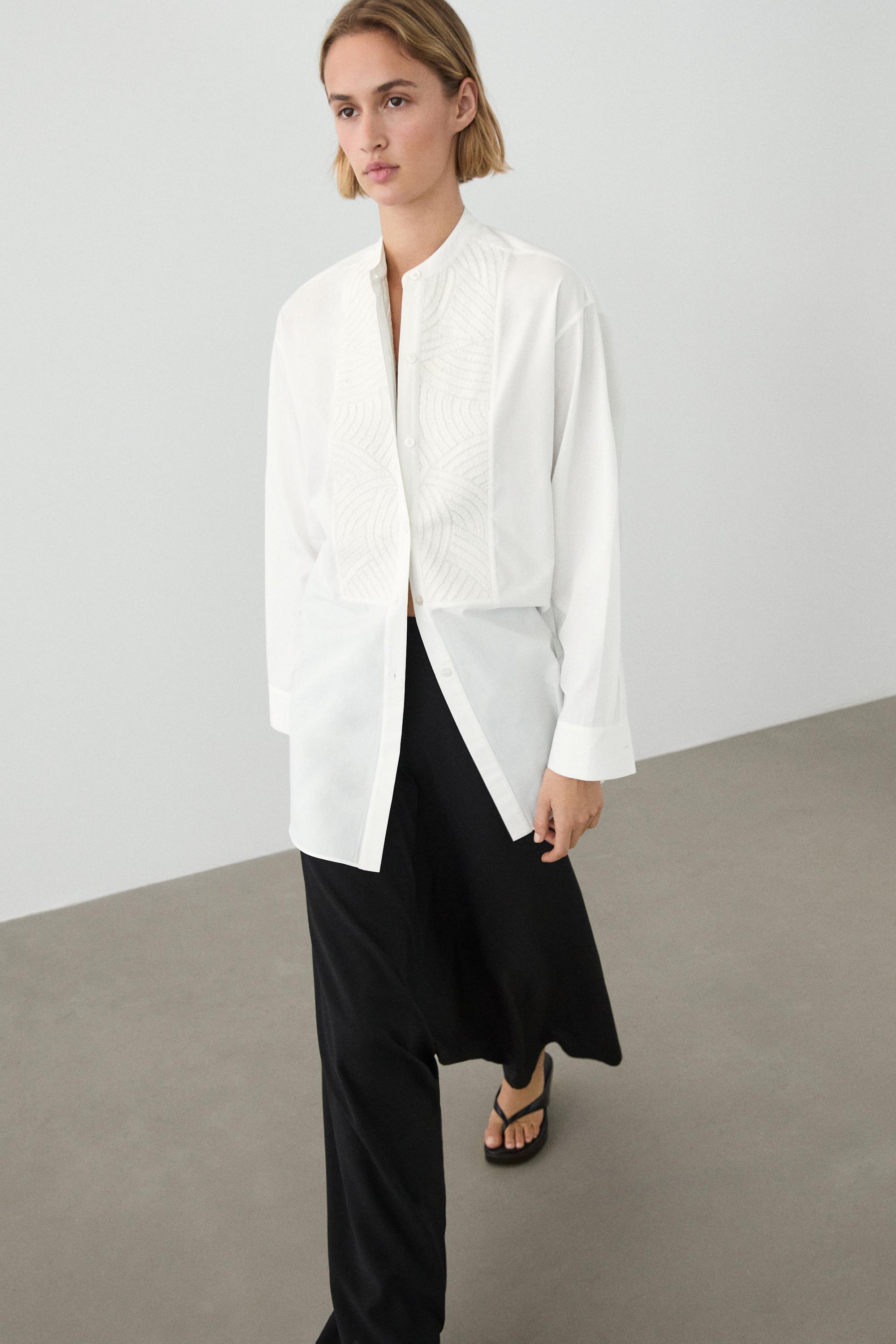 100% cotton poplin shirt with embroidered bib — WHITE