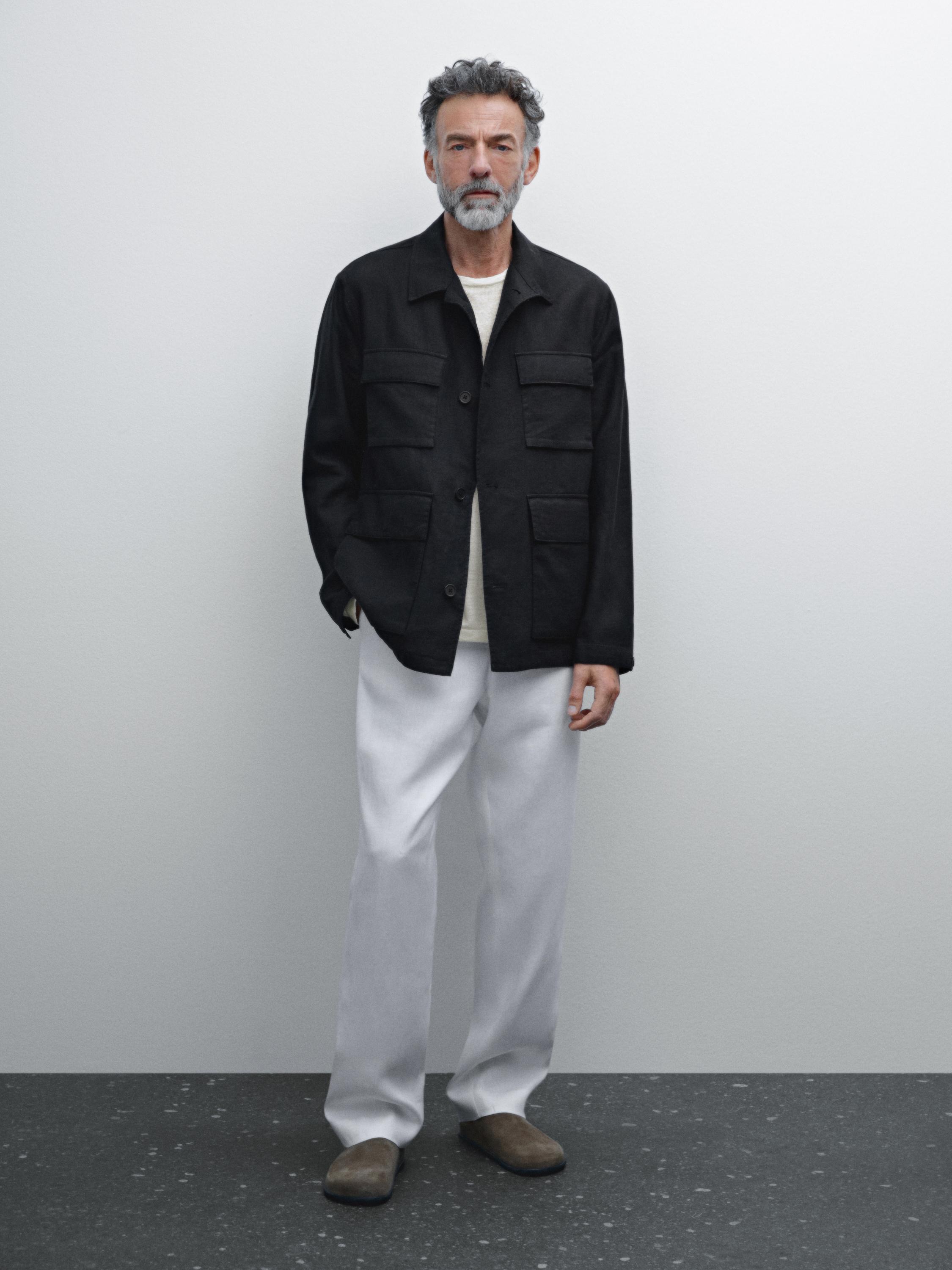 100% linen jacket with pockets · Navy Blue, Dark Khaki · Coats And