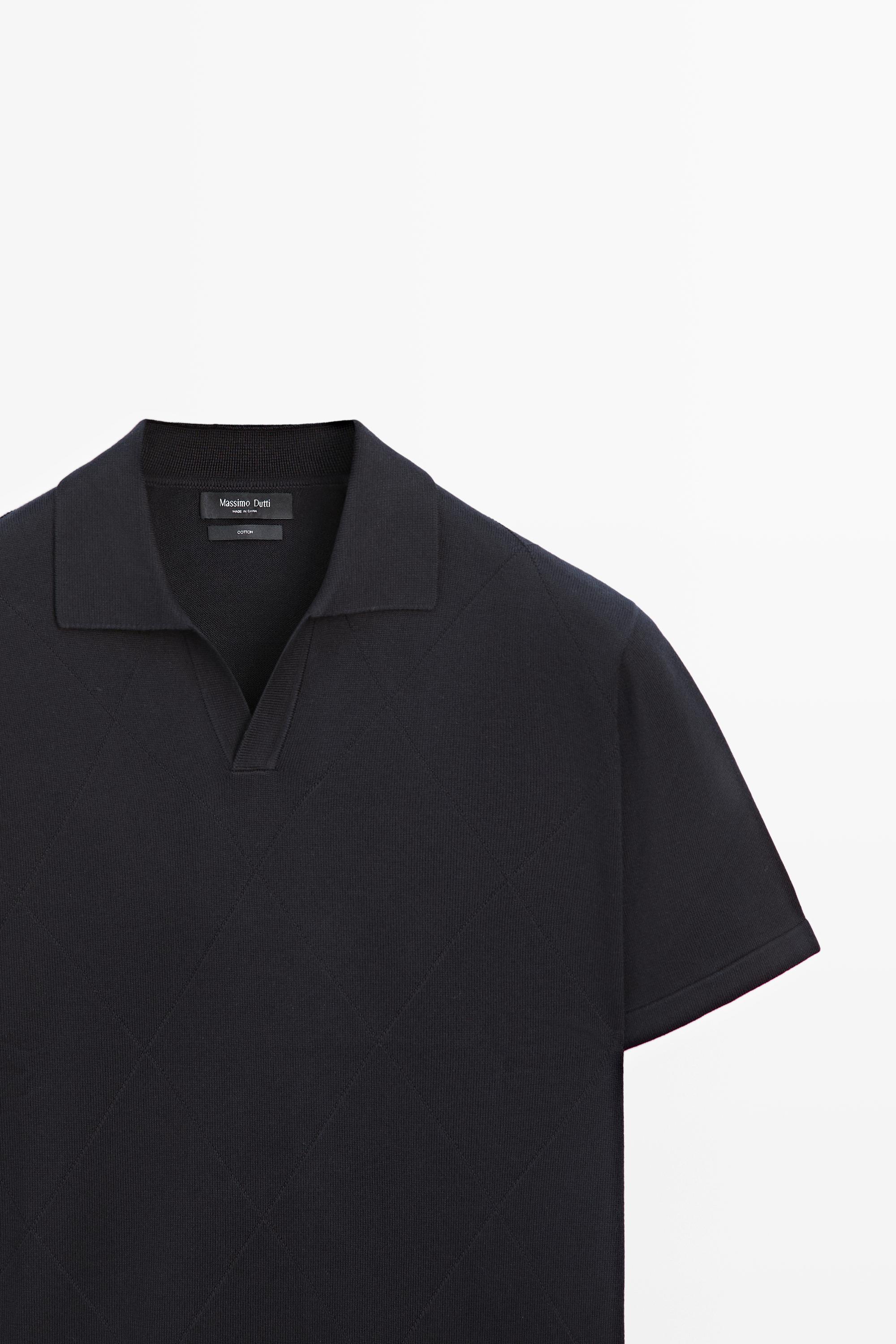 100% cotton intarsia knit polo shirt — NAVY BLUE