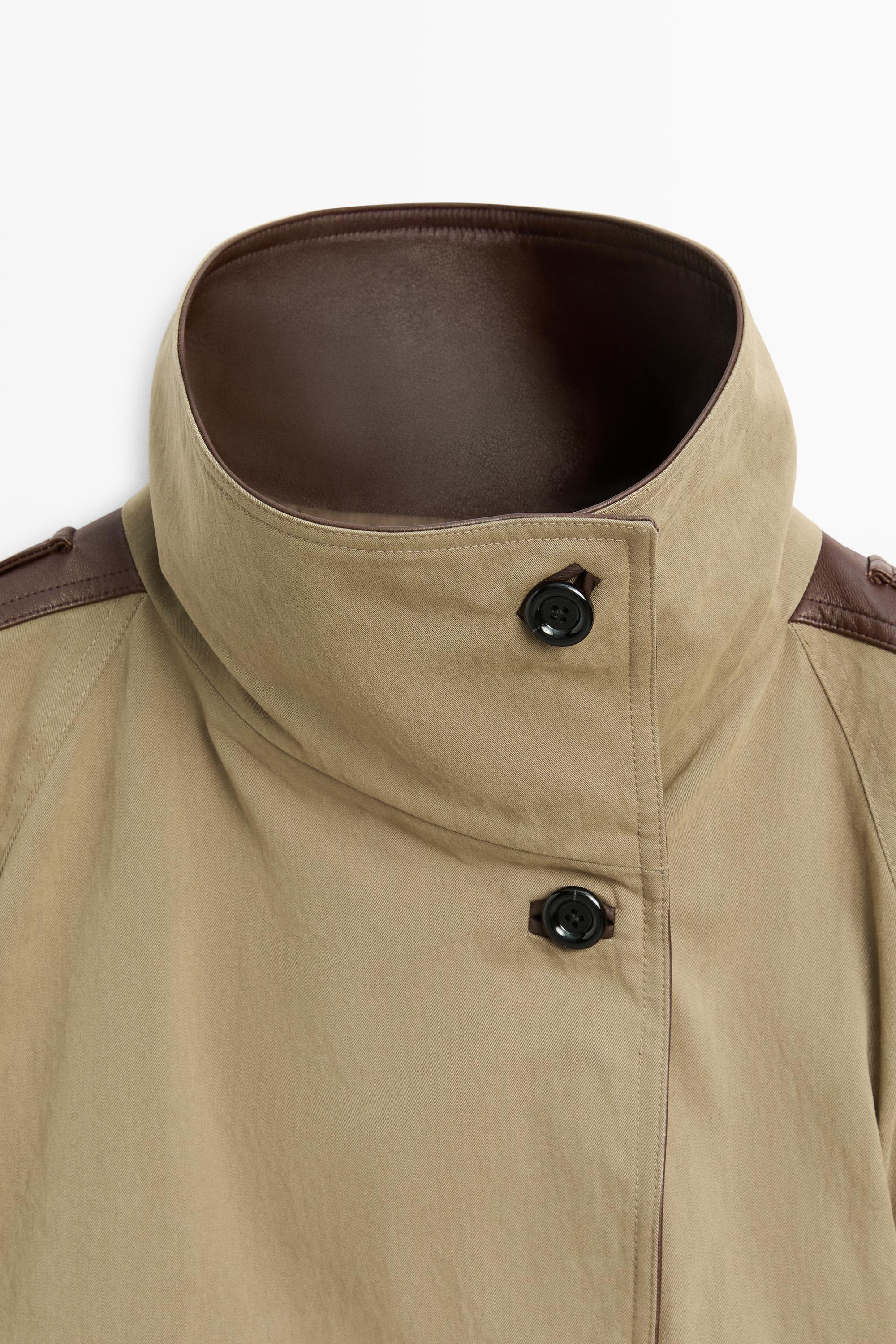 Cropped mixed leather jacket — Greyish green