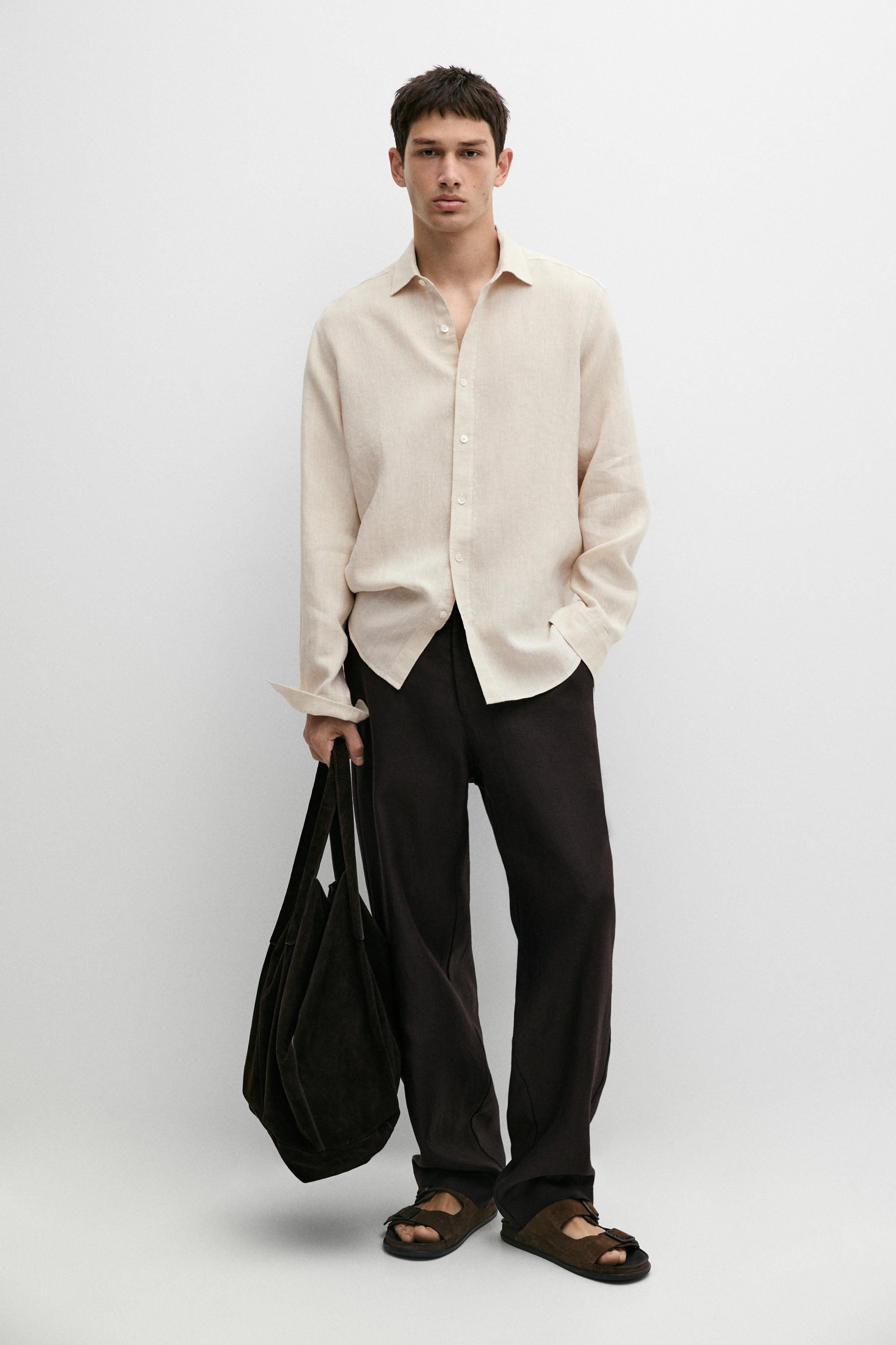 Regular fit 100% linen delavé shirt — BEIGE