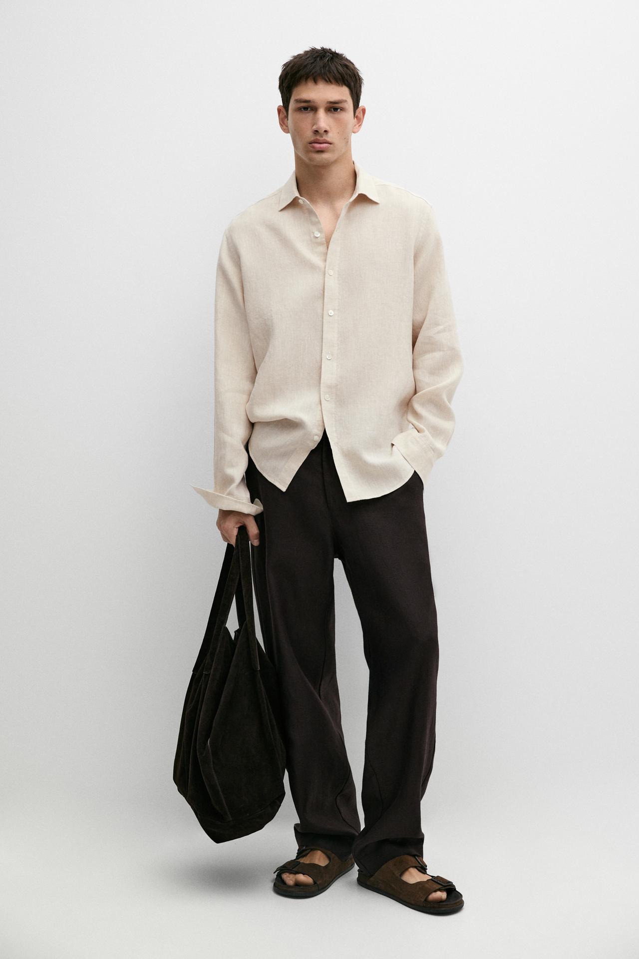 Regular fit 100% linen delavé shirt — BEIGE