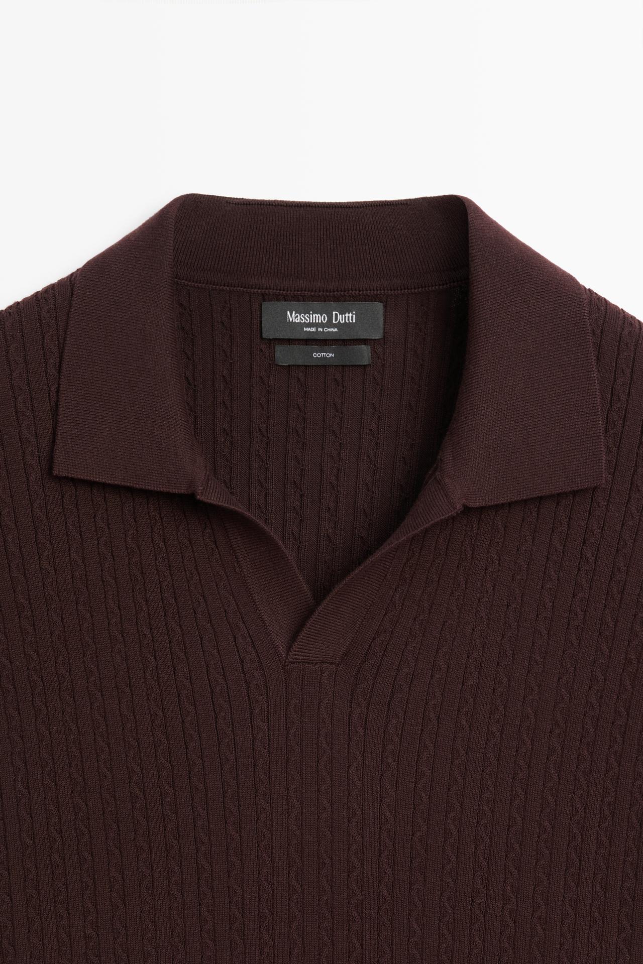 100% cotton cable-knit polo sweater — BURGUNDY
