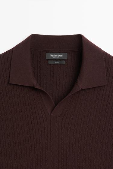 100% cotton cable-knit polo sweater — BURGUNDY 9