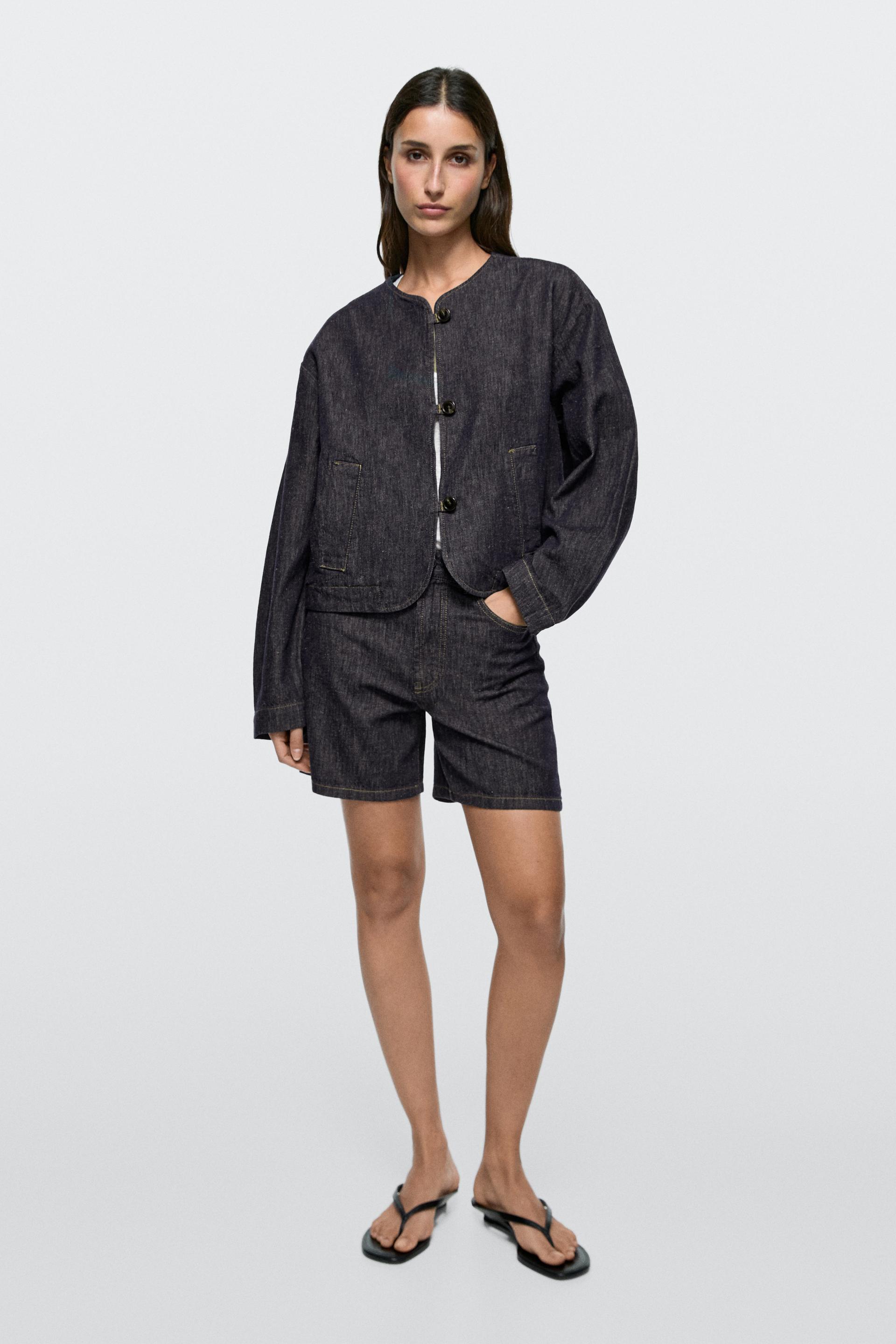Massimo Dutti Veste Courte En Denim De Coton Mélangé In Blue