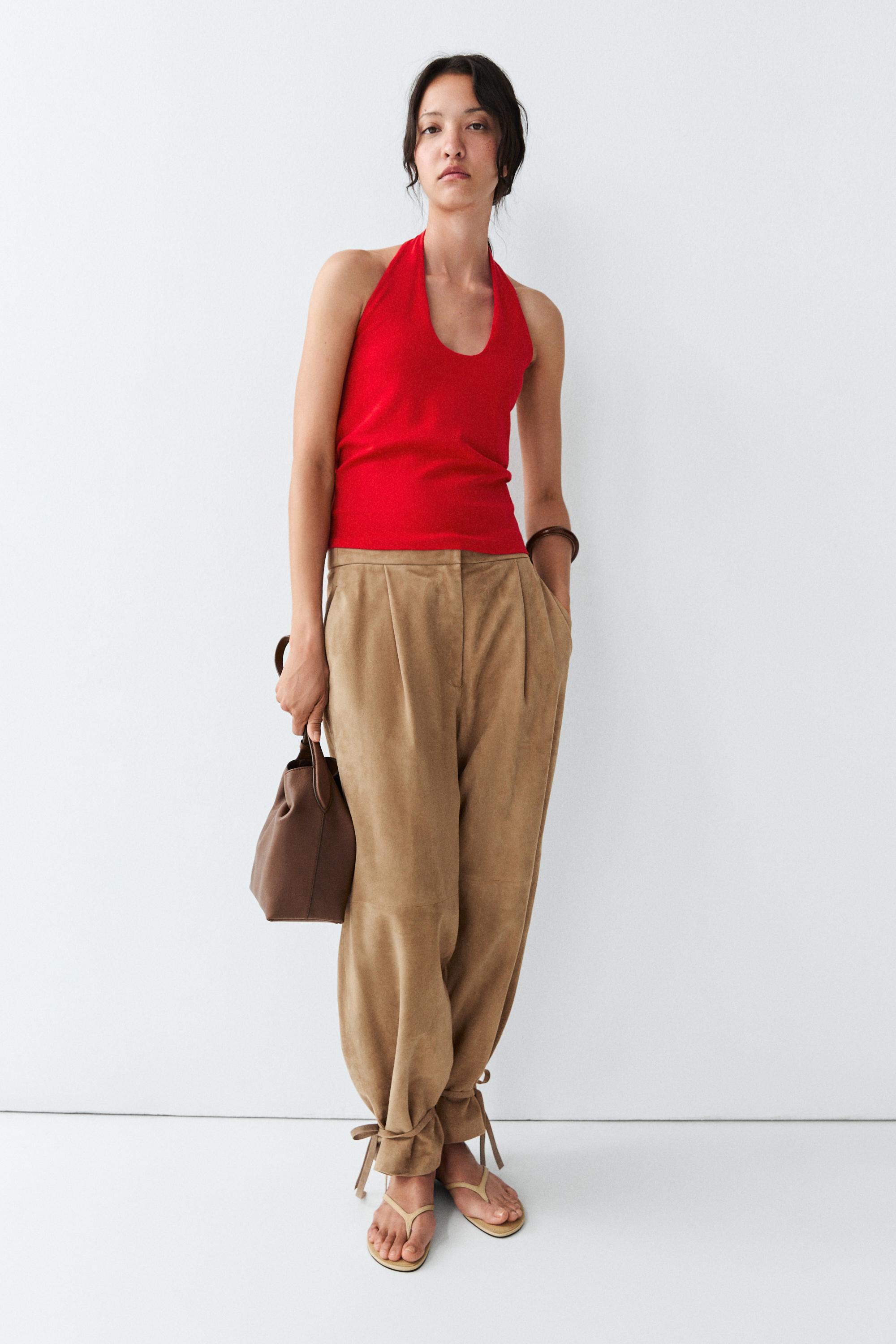 Suede leather pants with tie-detail hems — Green