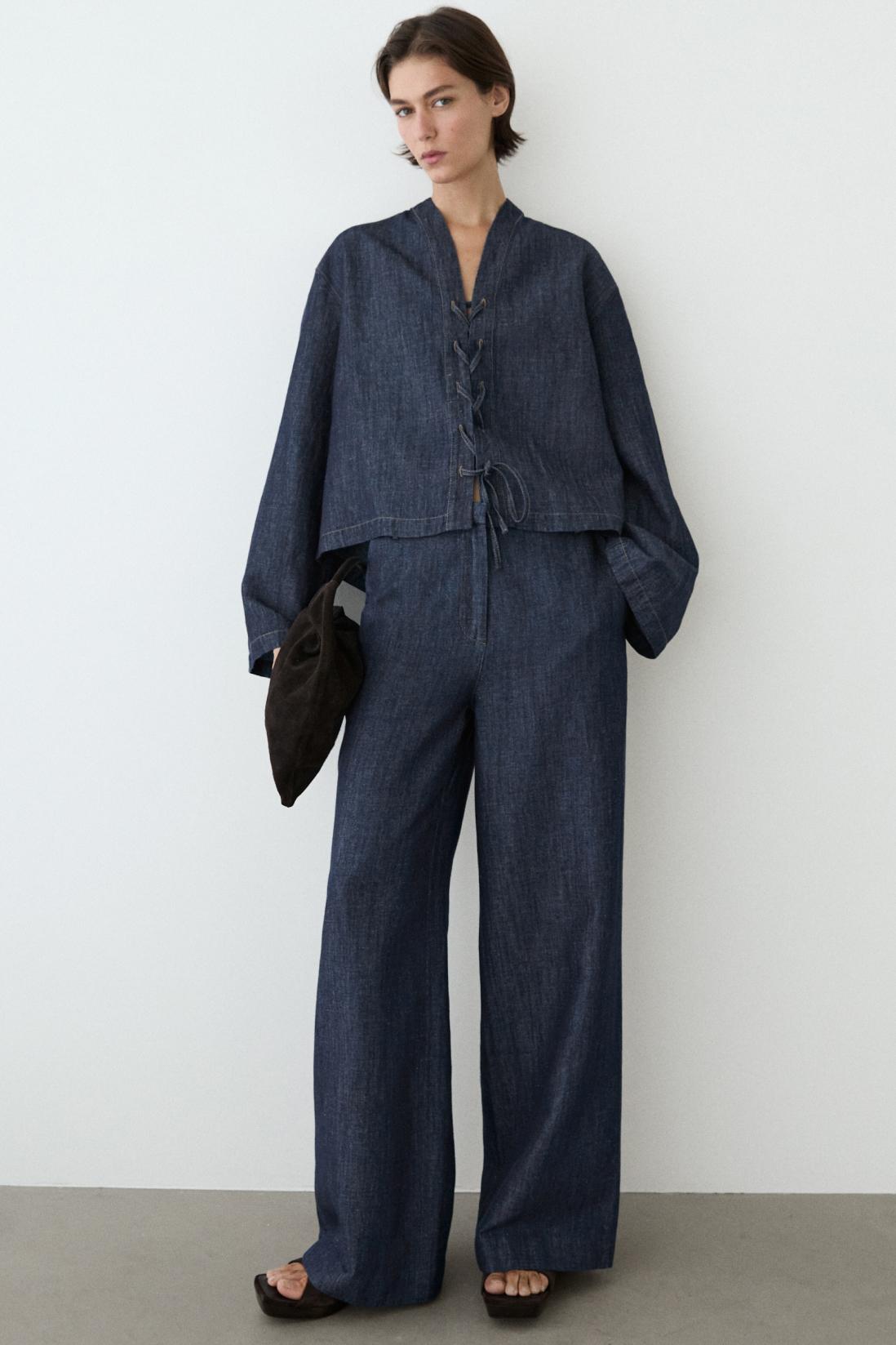 Total look linen blend denim shirt — DARK BLUE