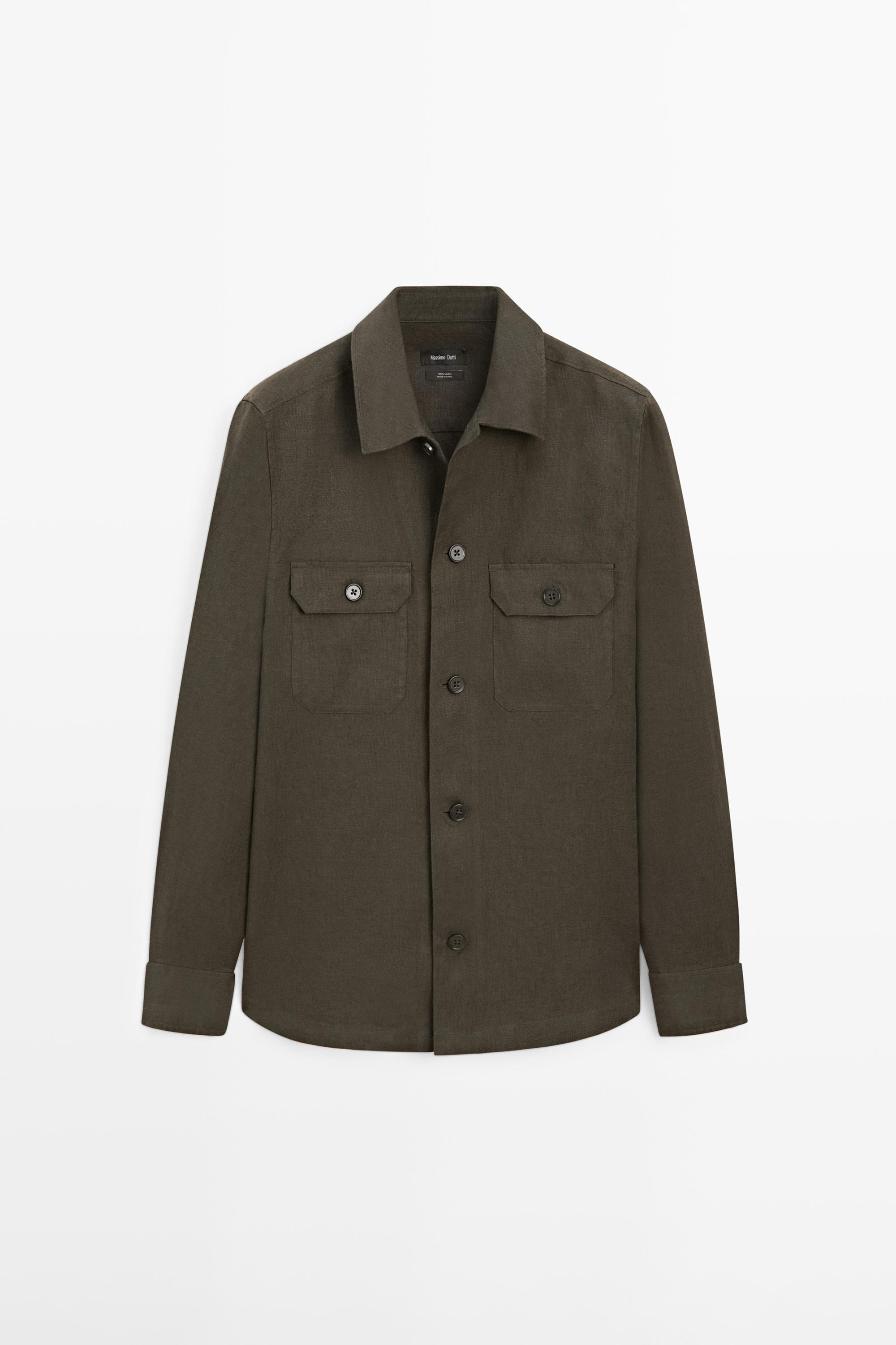 Total look linen overshirt with pockets — DARK GREEN