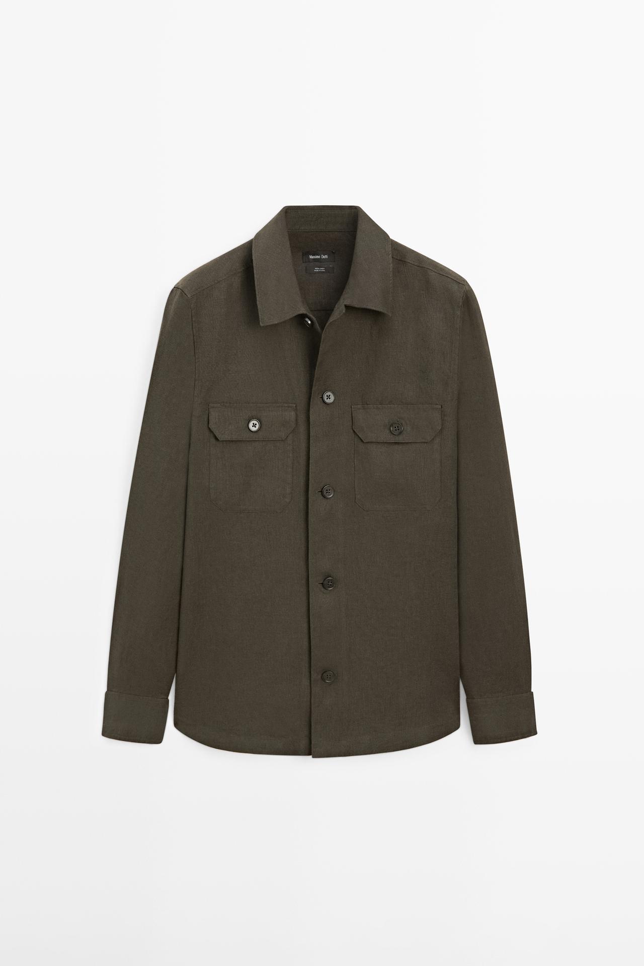 Massimo Dutti - Herre - Skjortejakke I Hør Med Lommer - Mørkegrøn - Xxl