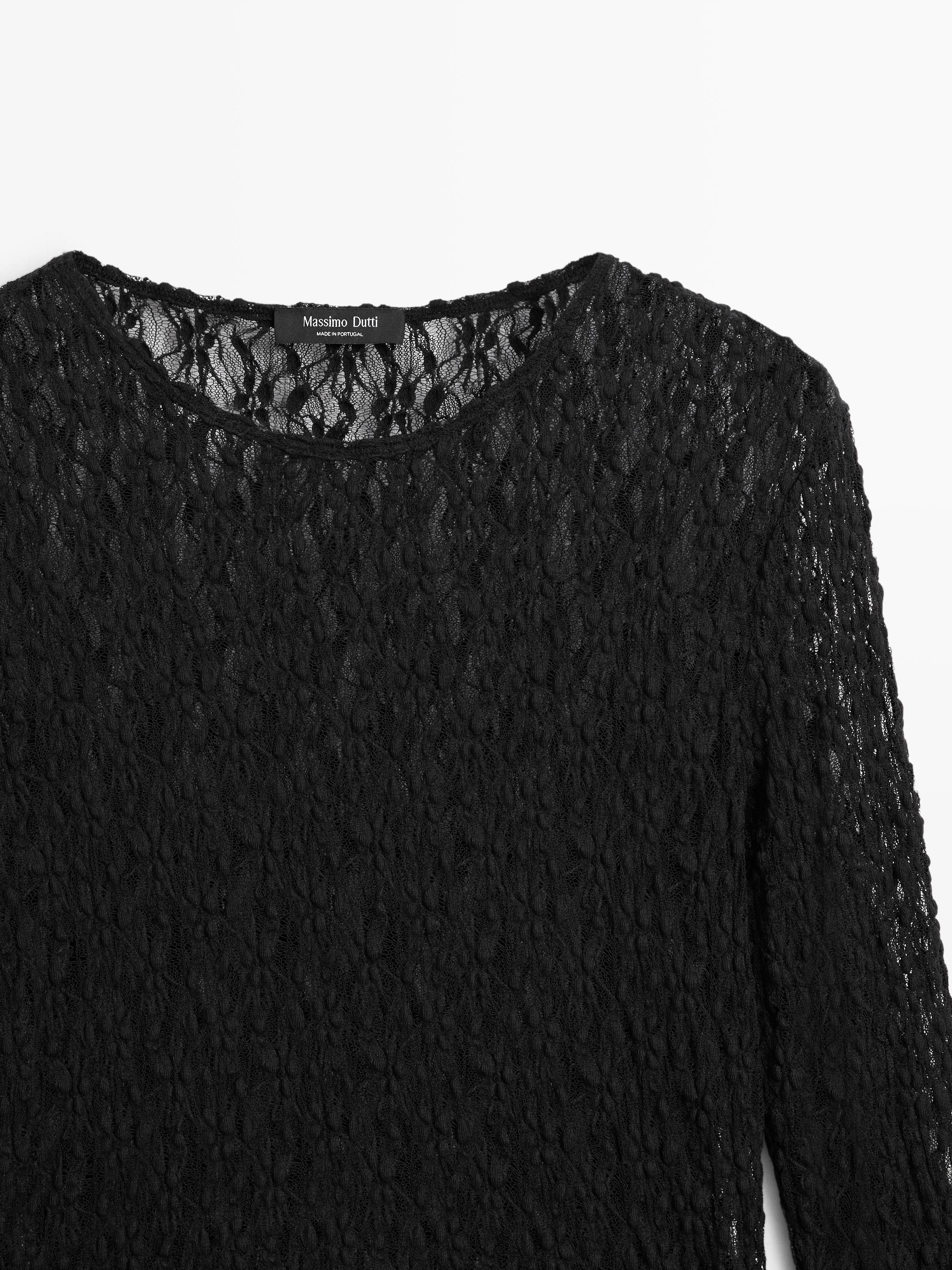 Openwork knit top with long sleeves and lace · Black, Cream · T
