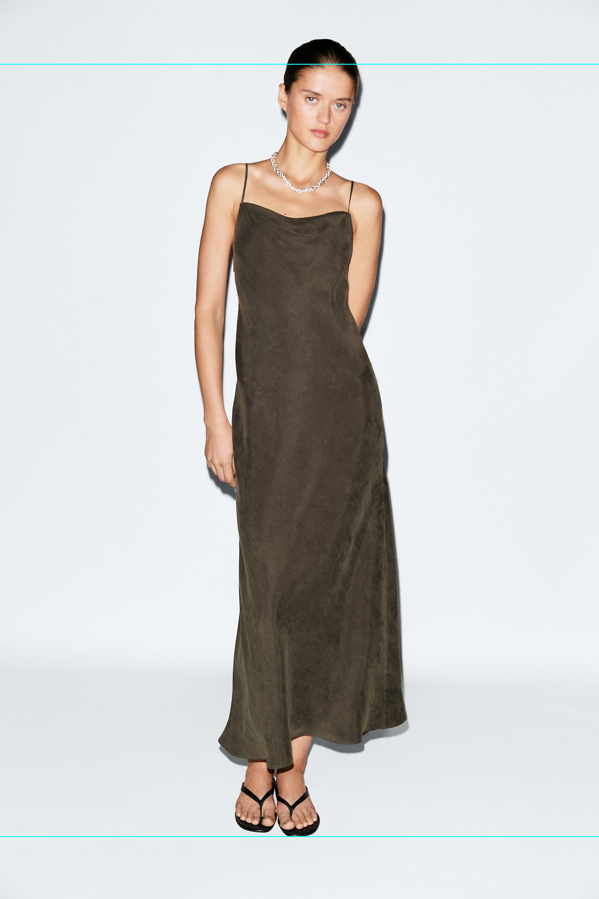 Flowing lingerie midi dress with thin straps — GREY