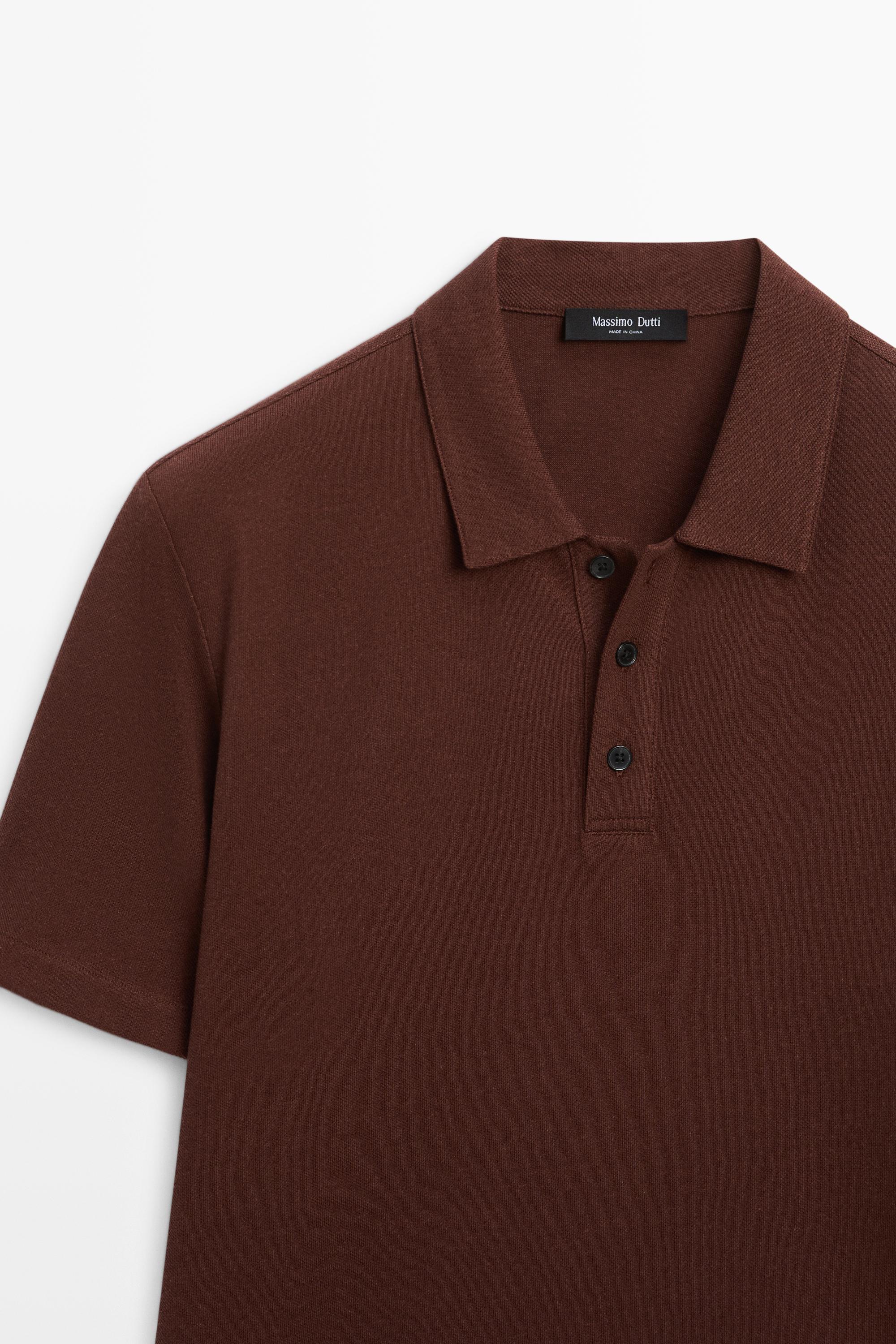 Micro-textured cotton blend polo shirt — Russet Brown