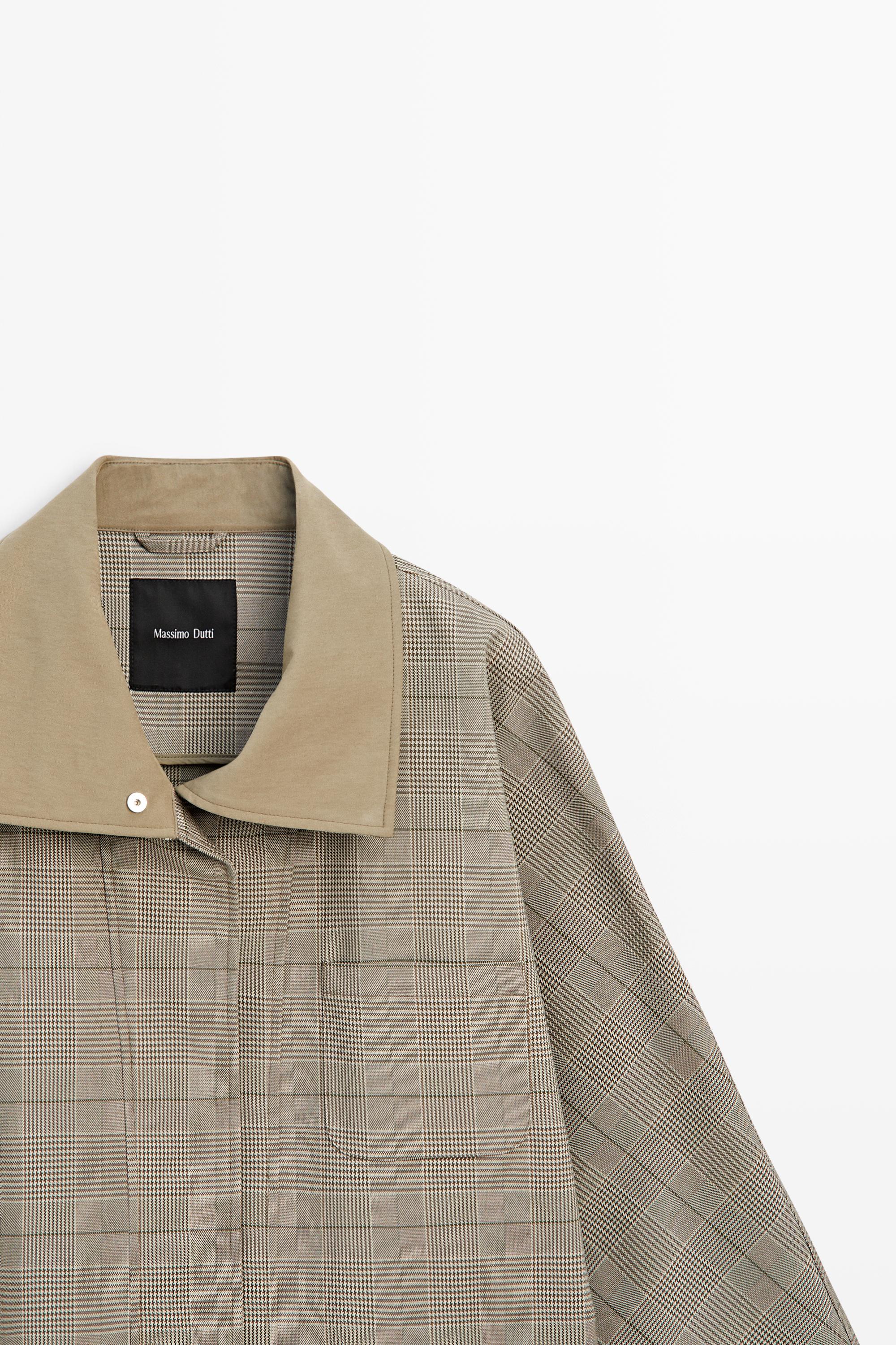 Cotton blend plaid high neck jacket — KHAKI