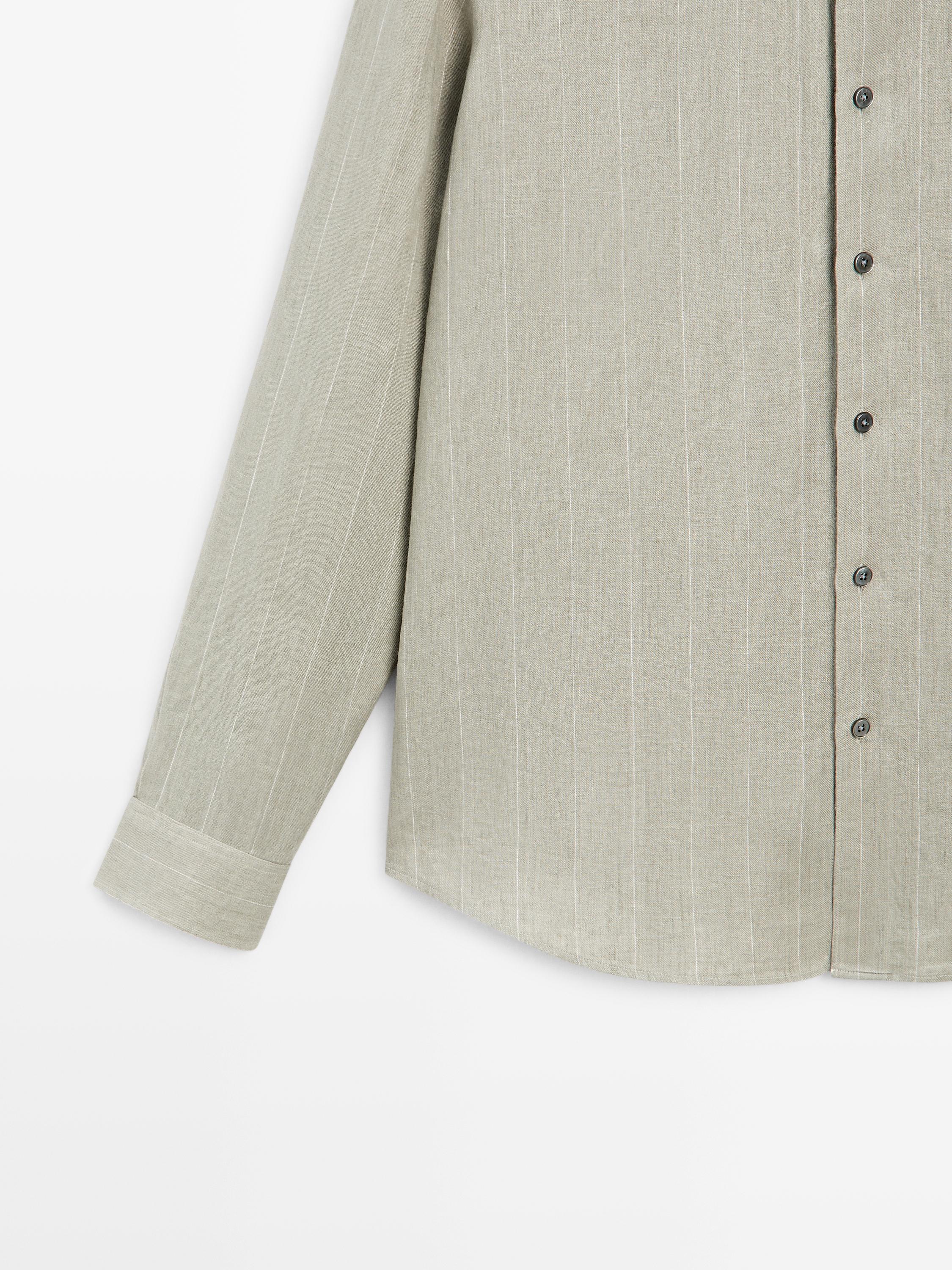 100% linen regular fit striped shirt — PALE GREEN
