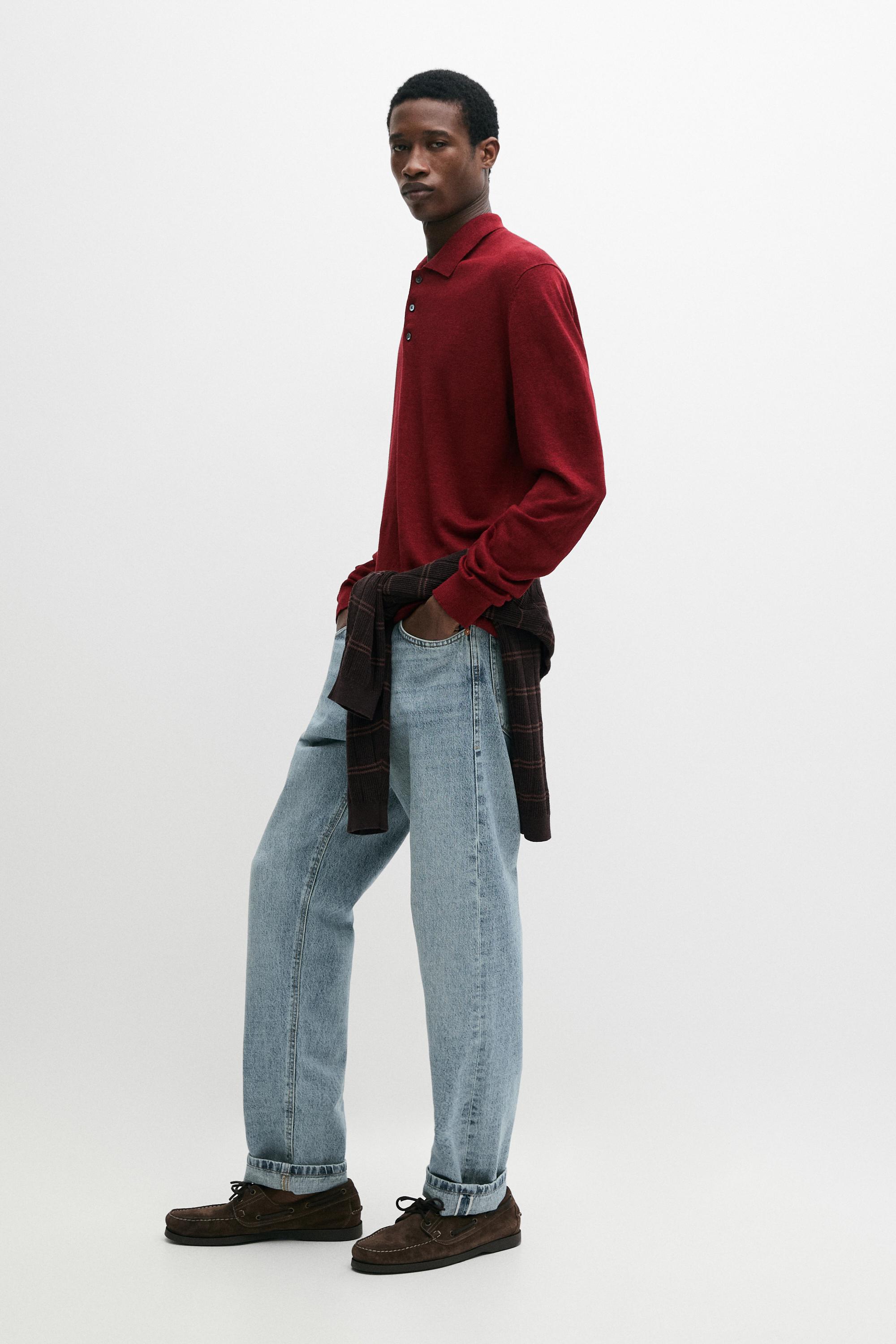 100% linen knit polo collar sweater — Wine Red