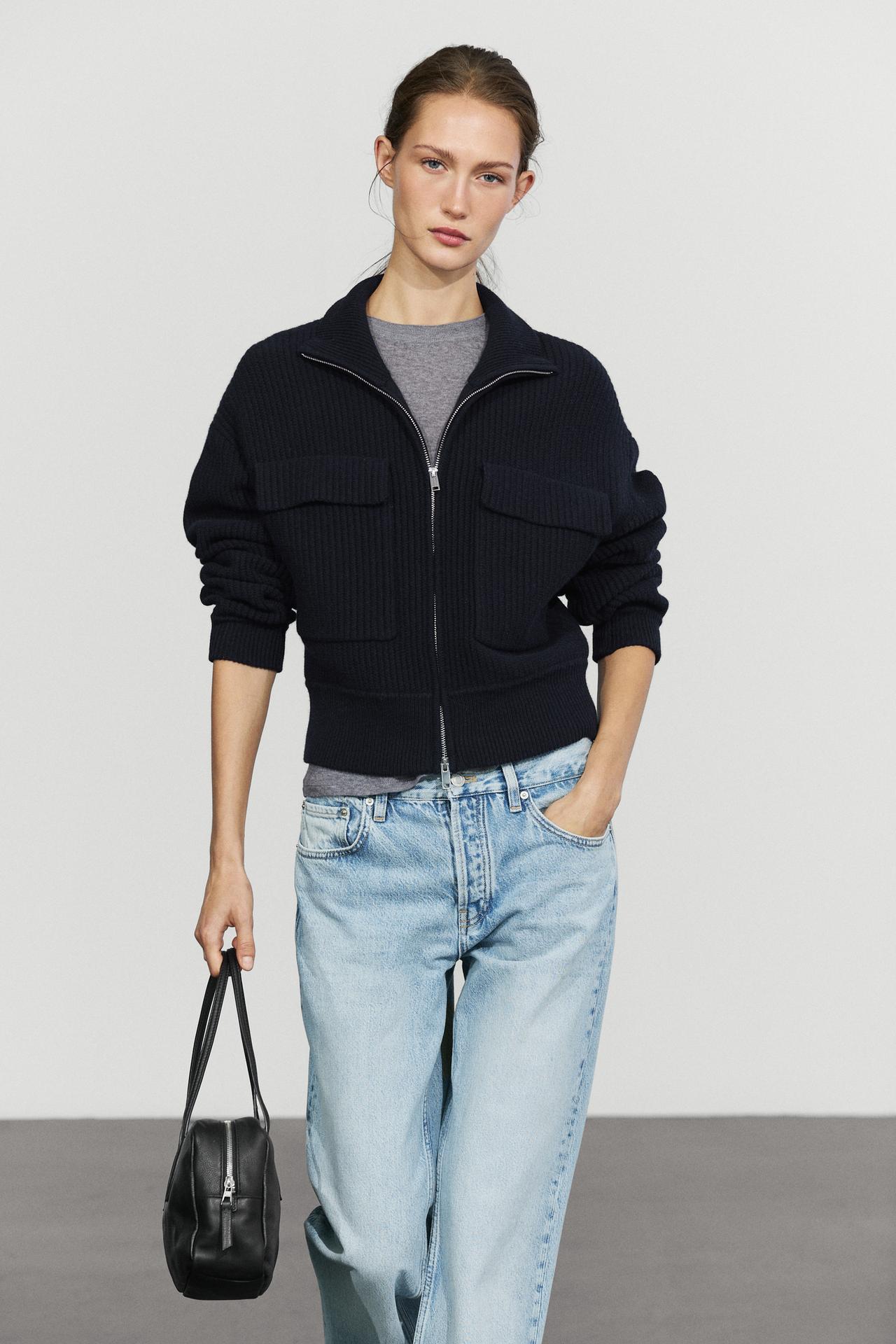 Zip-up knit cardigan with cotton — DEEP BLUE