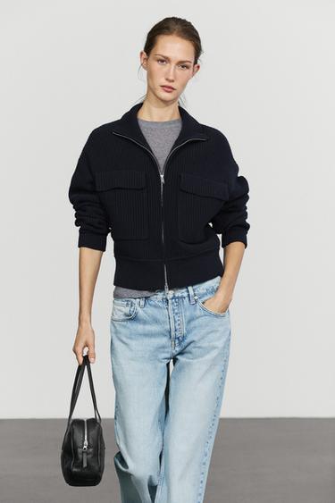 Zip-up knit cardigan with cotton — DEEP BLUE 3