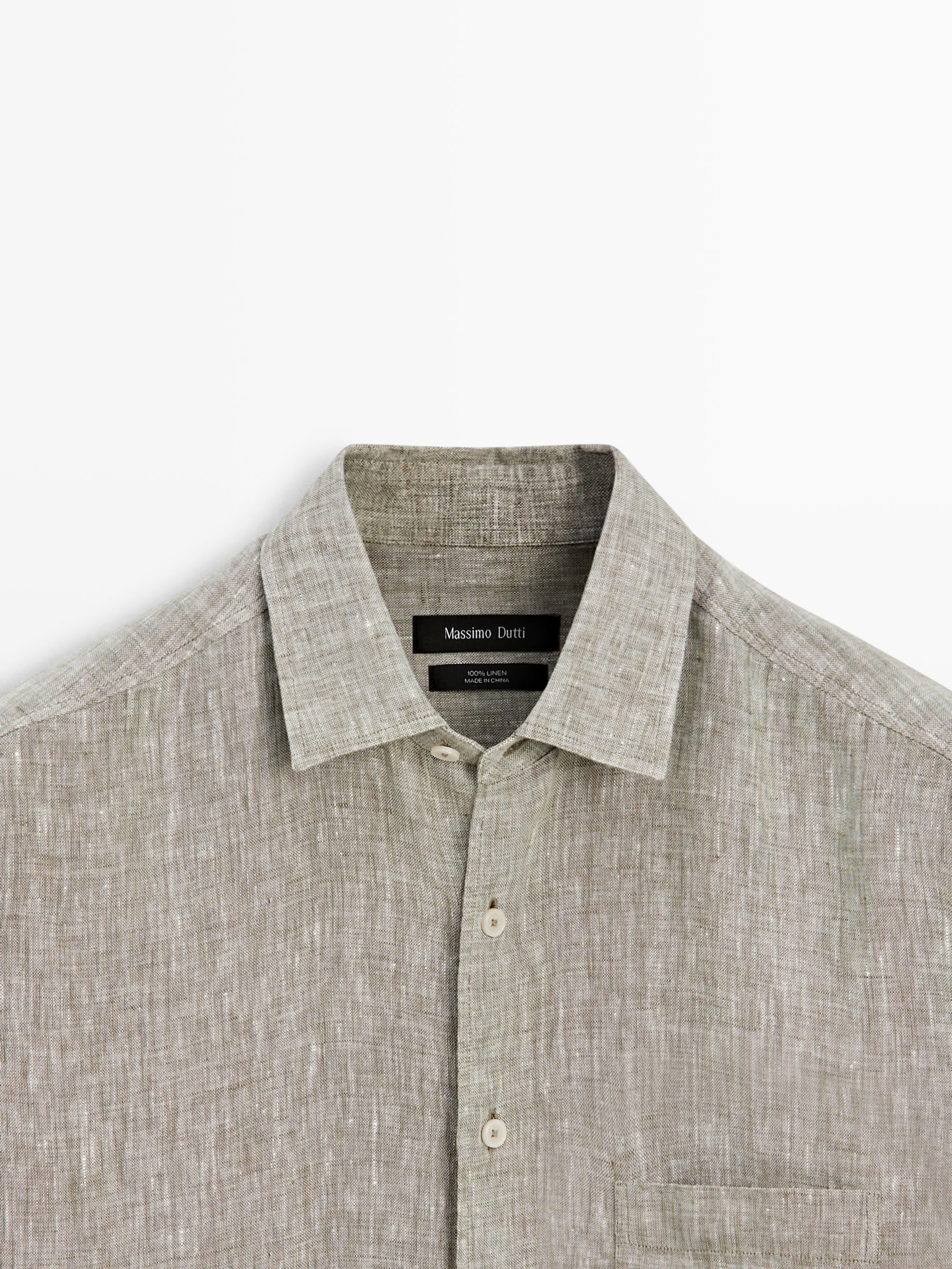 Regular fit linen shirt with pocket — Green billiard