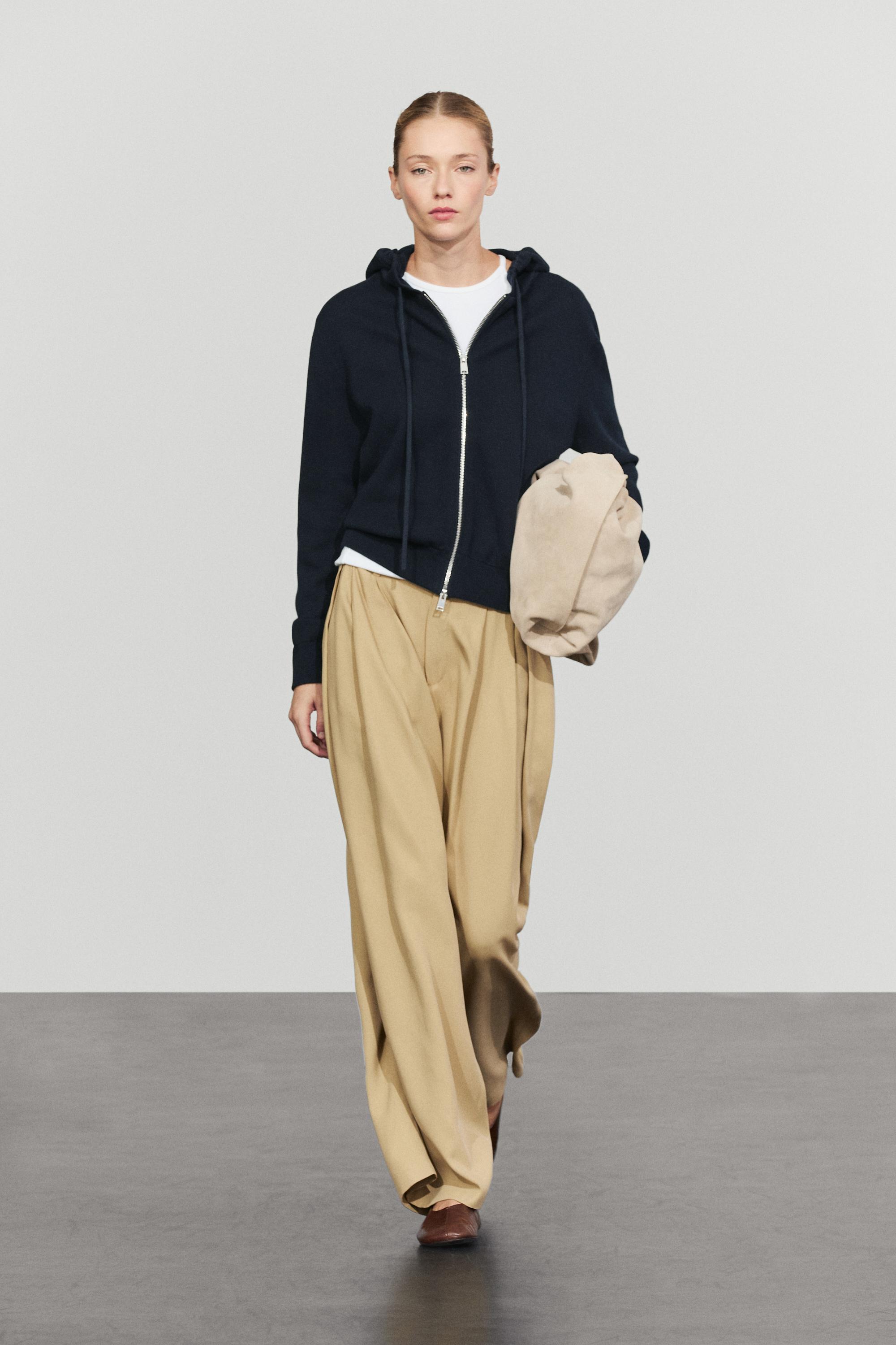 Cotton blend knit hooded cardigan — NAVY BLUE