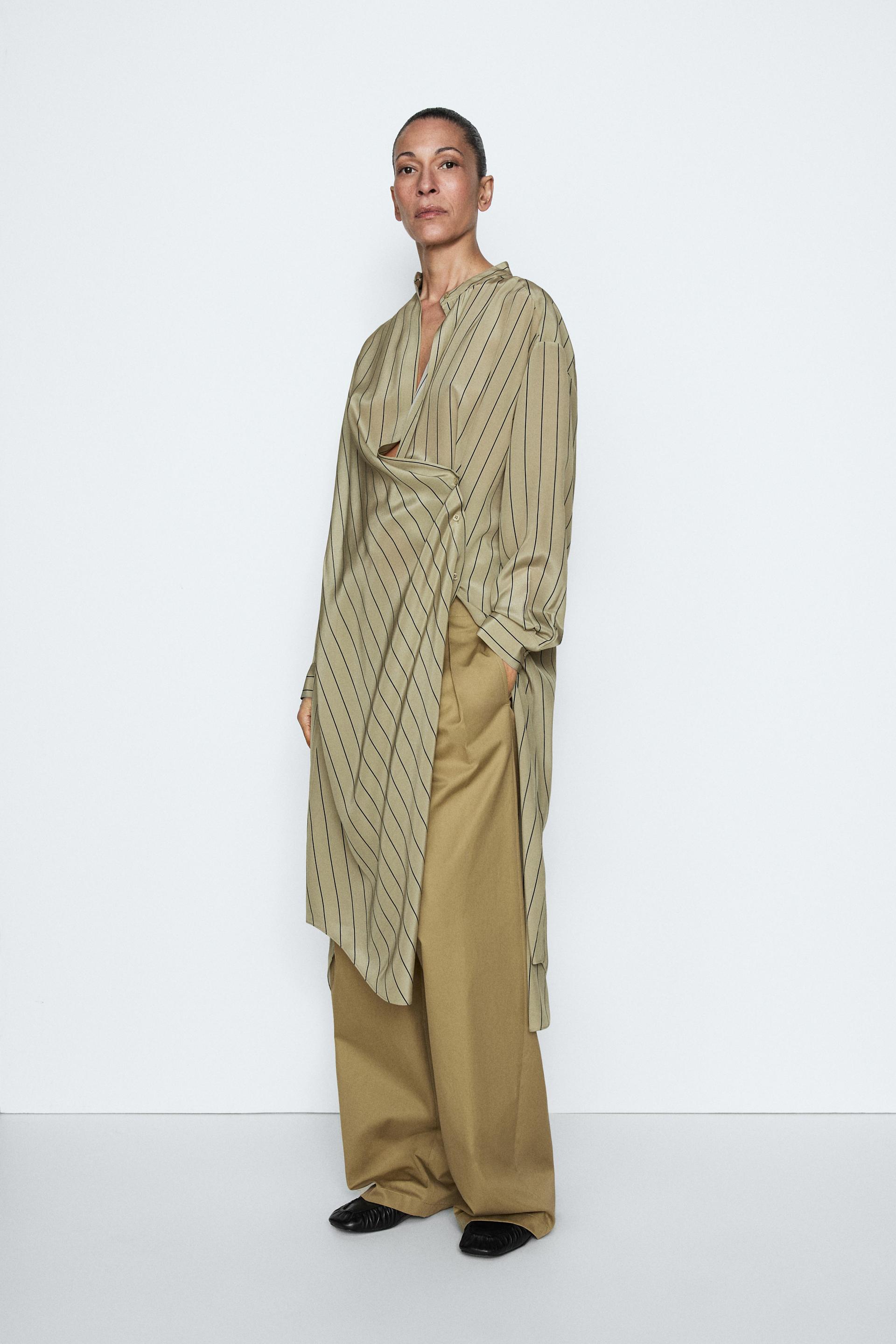 Zwiewna Jedwabna Sukienka W Paski O Asymetrycznym Kroju - Studio - Popielaty - M - Massimo Dutti - Kobieta