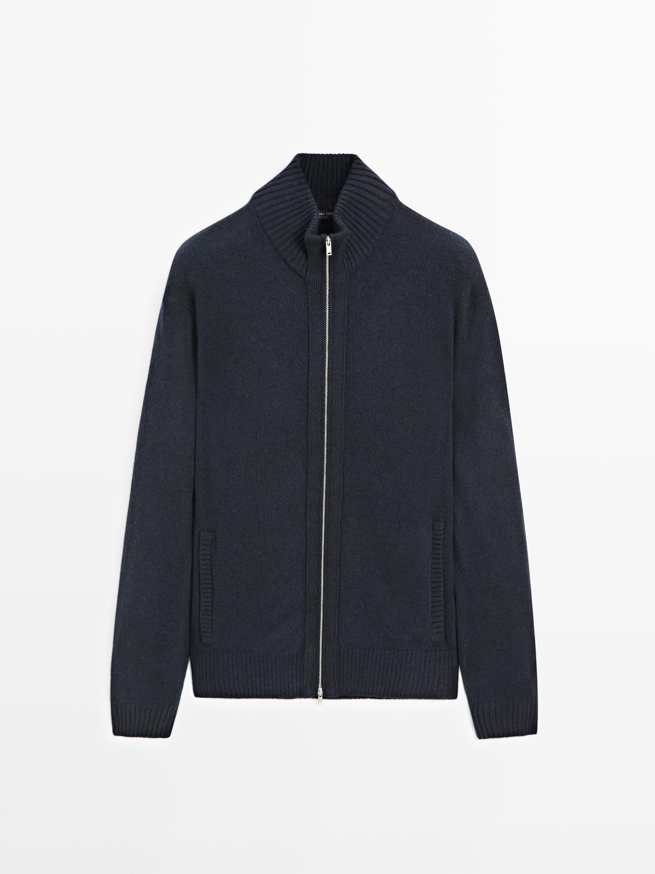 Massimo Dutti - Herre - Cardigan I Uldblanding Med Lynlåsdetalje - Marineblå - L