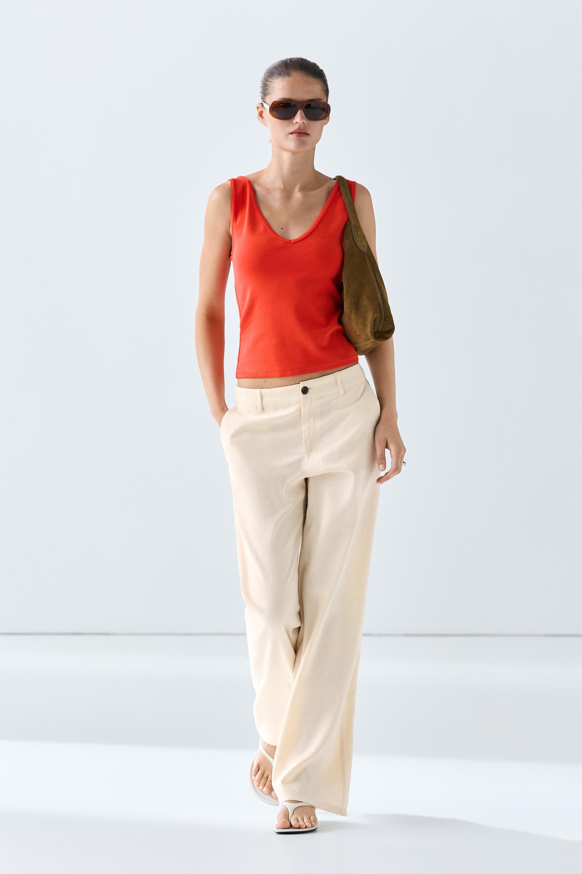 Cotton blend strappy top — CORAL