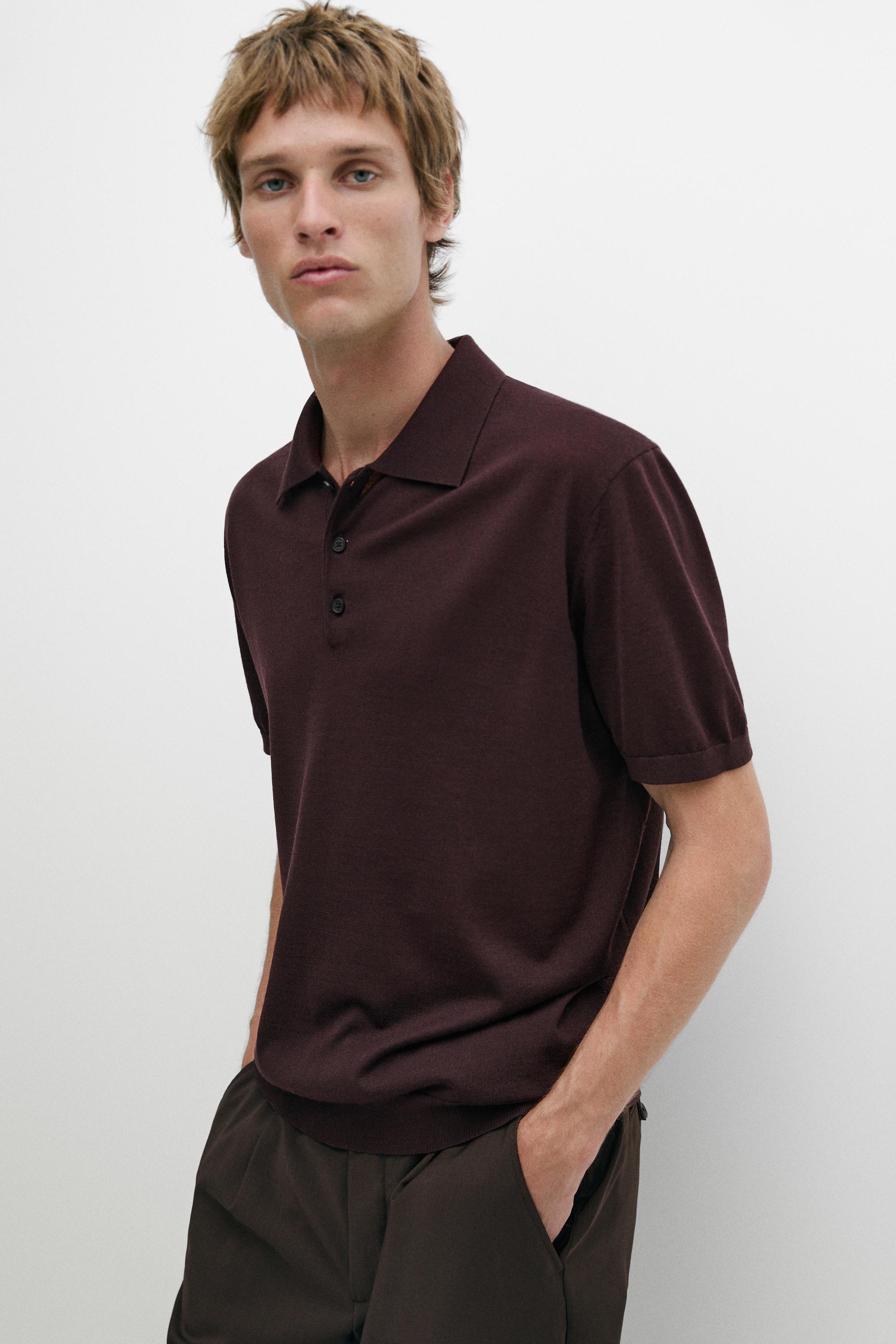 Wool blend knit polo shirt — BURGUNDY