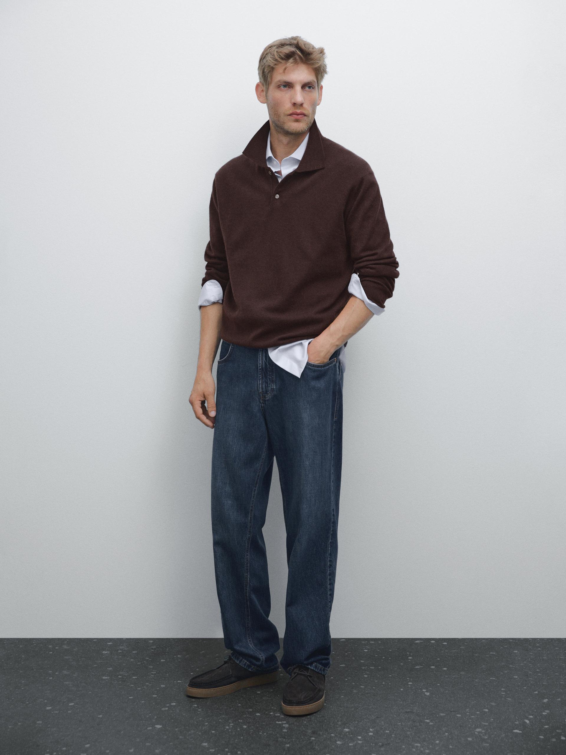 Rib Knit Polo 100% Cashmere - Grenat - S - Massimo Dutti - Homme