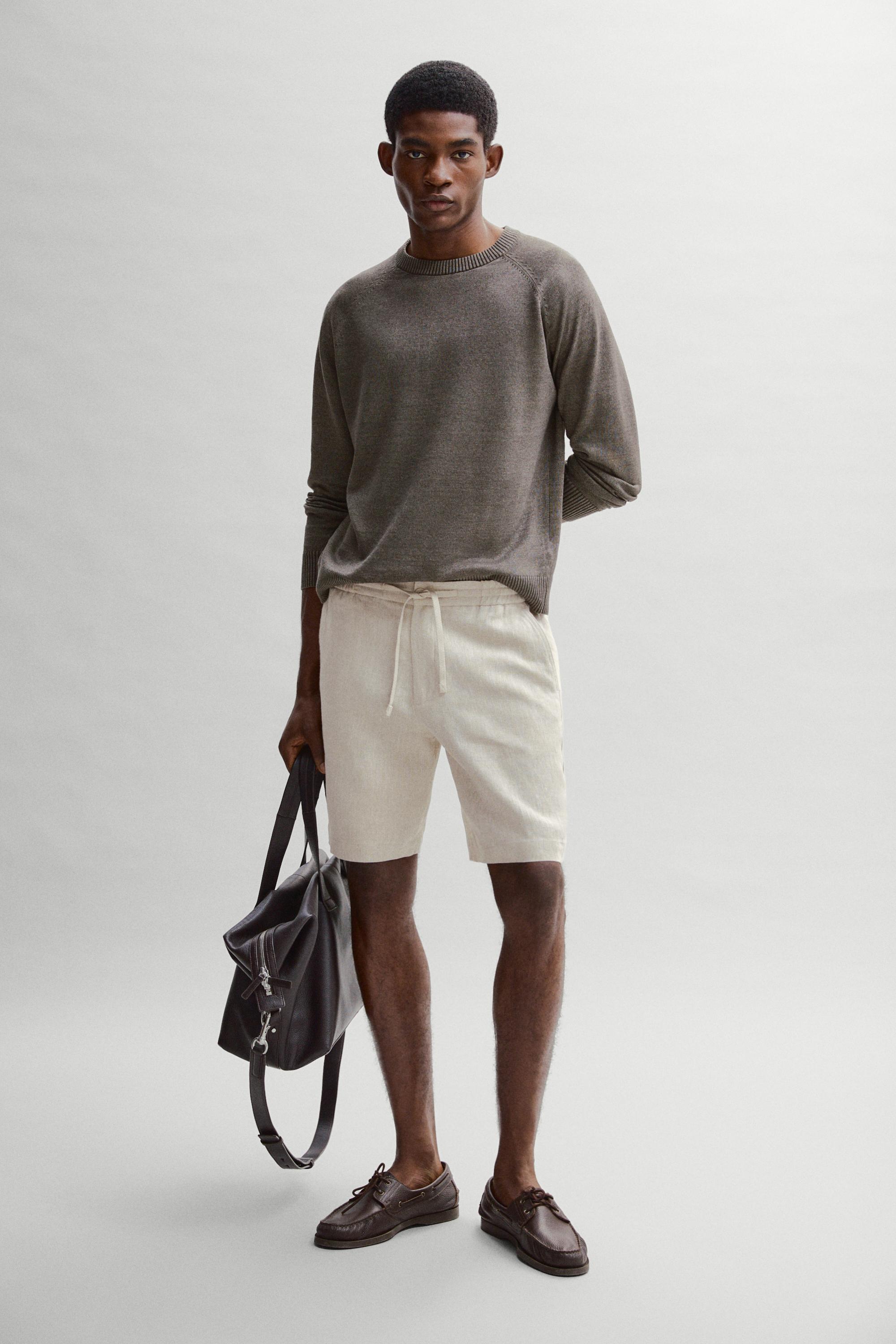 Linen Bermuda shorts with elasticated waistband — CREAM