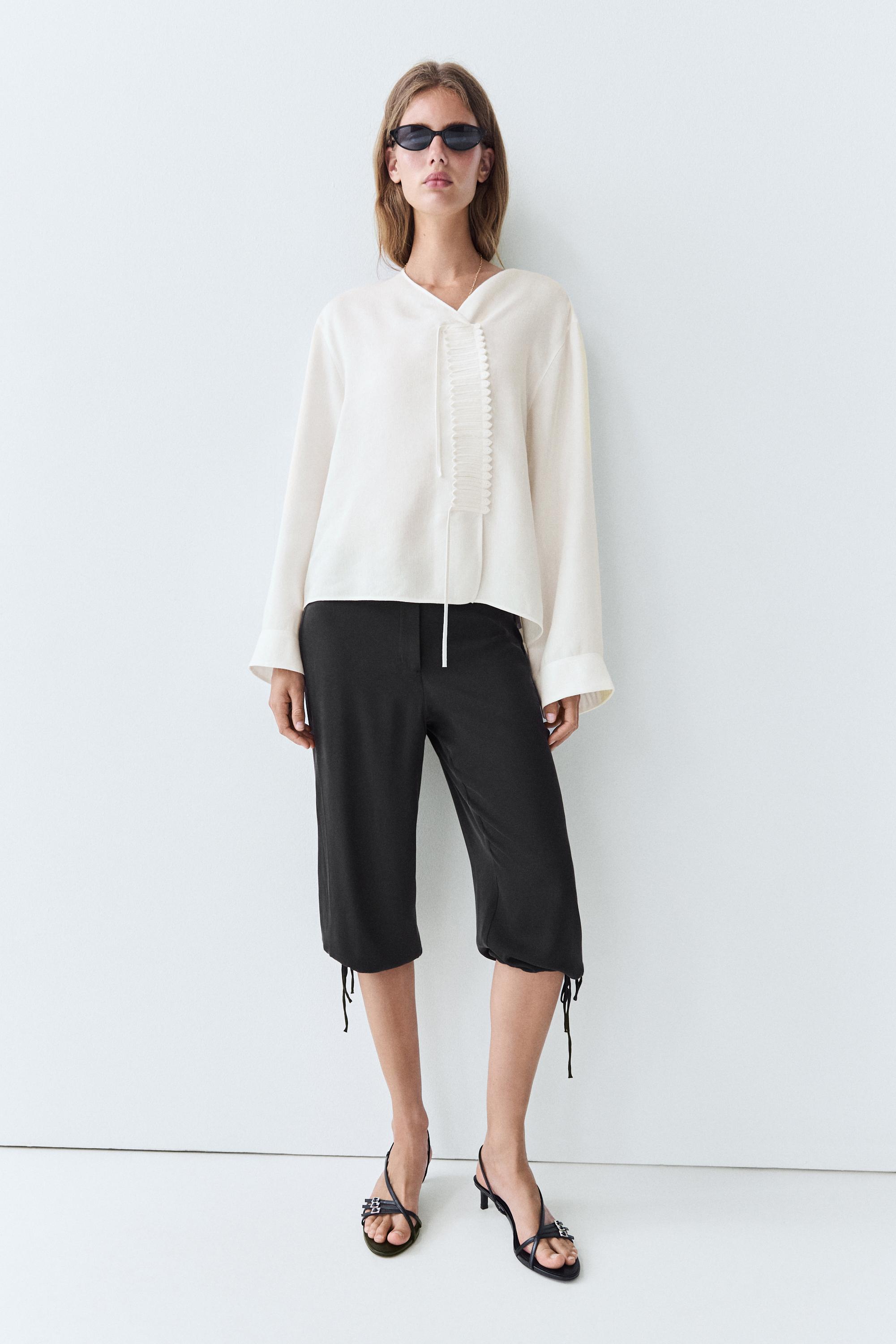 Silk blend tie-hem capri pants — BLACK