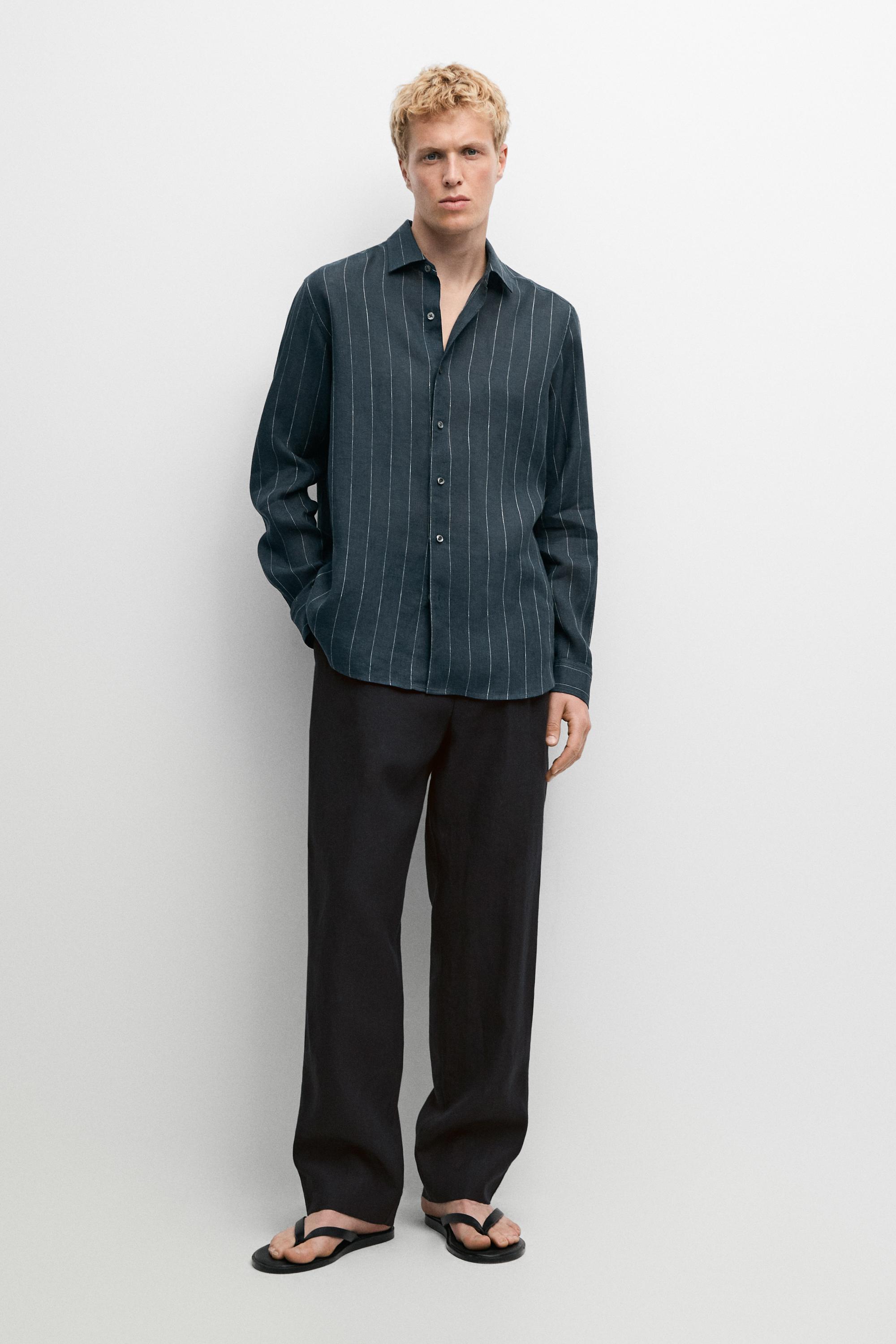 Regular fit striped 100% linen shirt — PETROL BLUE