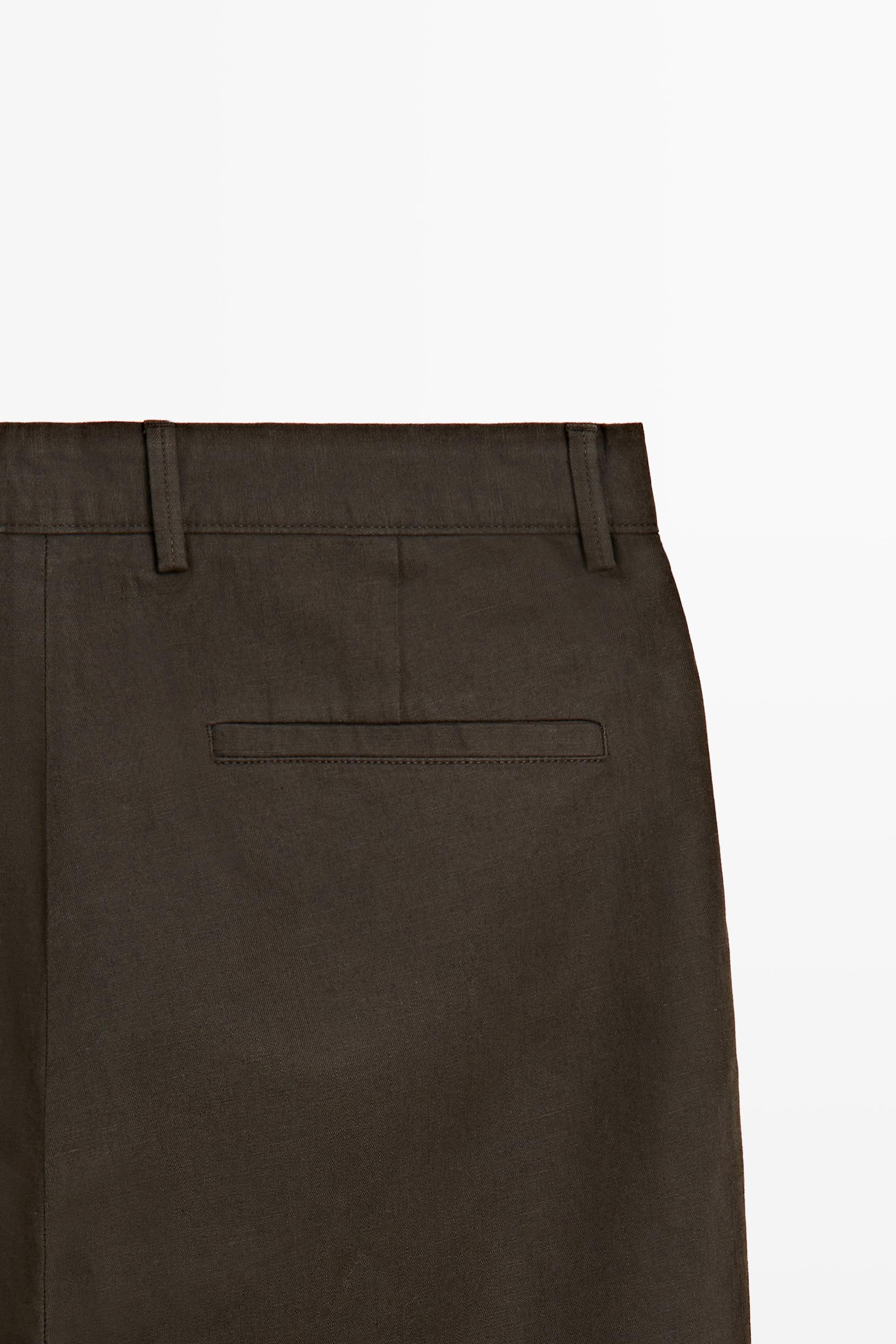 Straight-leg linen and cotton trousers with darts — BROWN