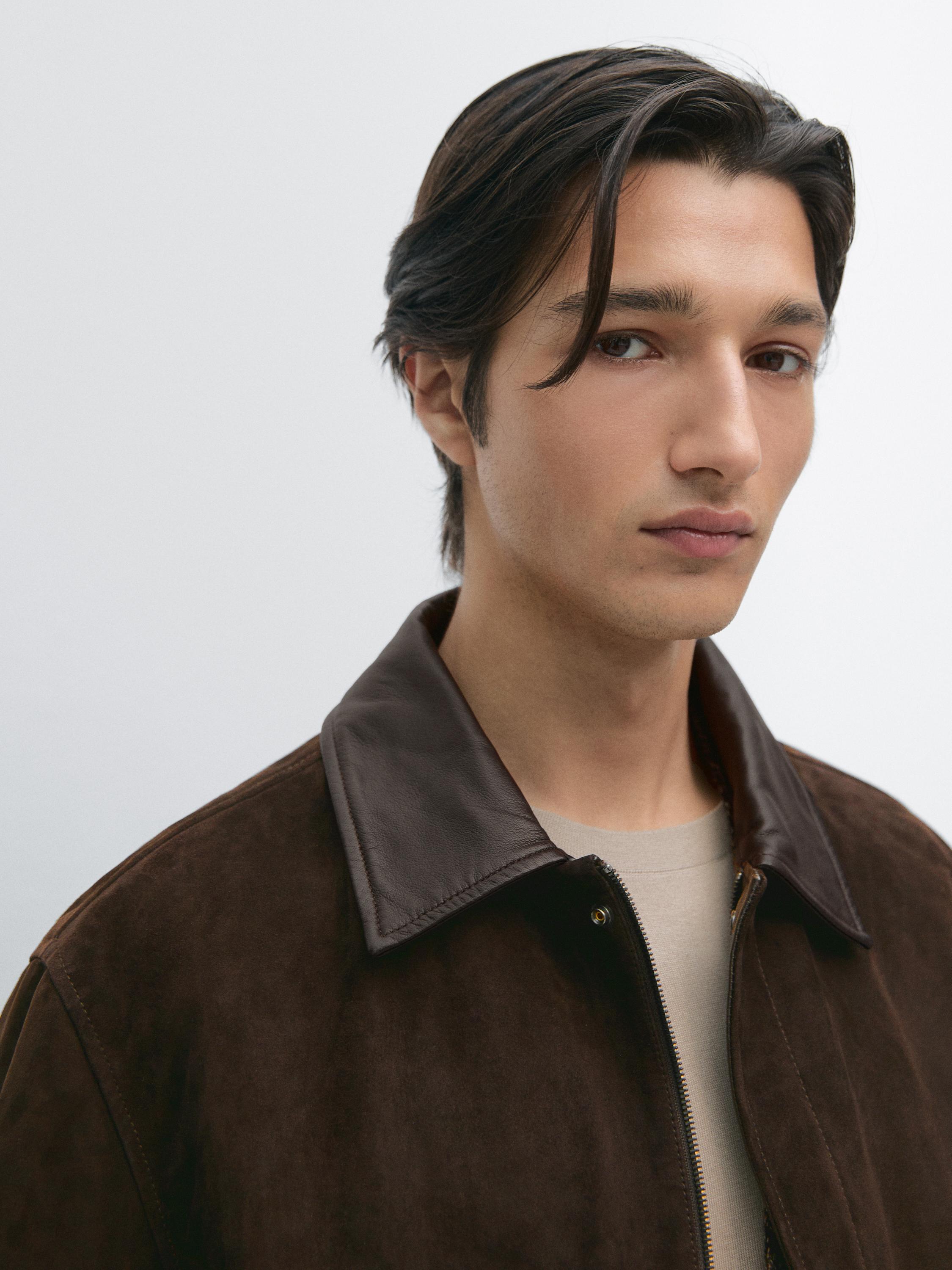 Veste en cuir finition daim à col contrastant