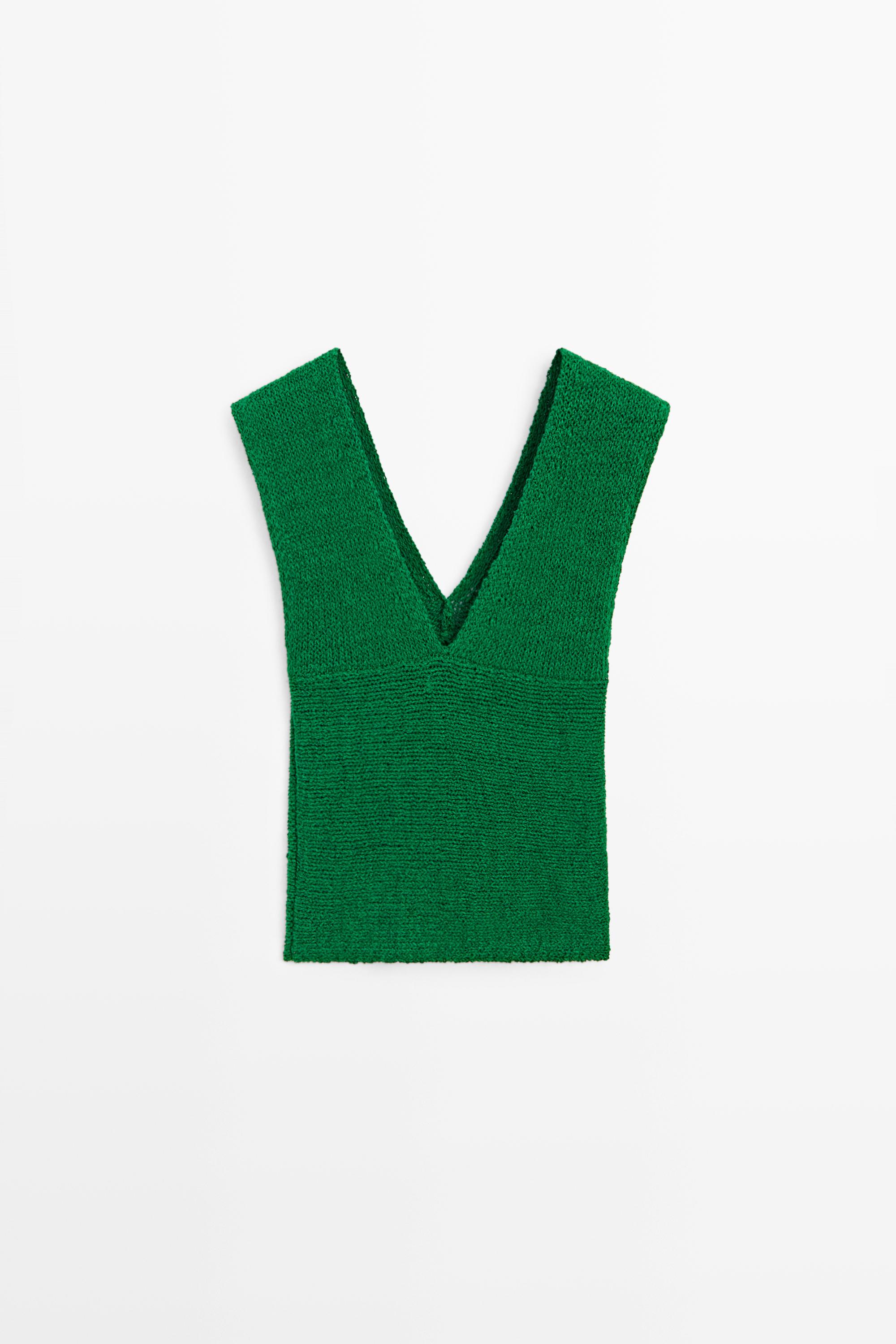 Cotton blend V-neck knit top — GREEN