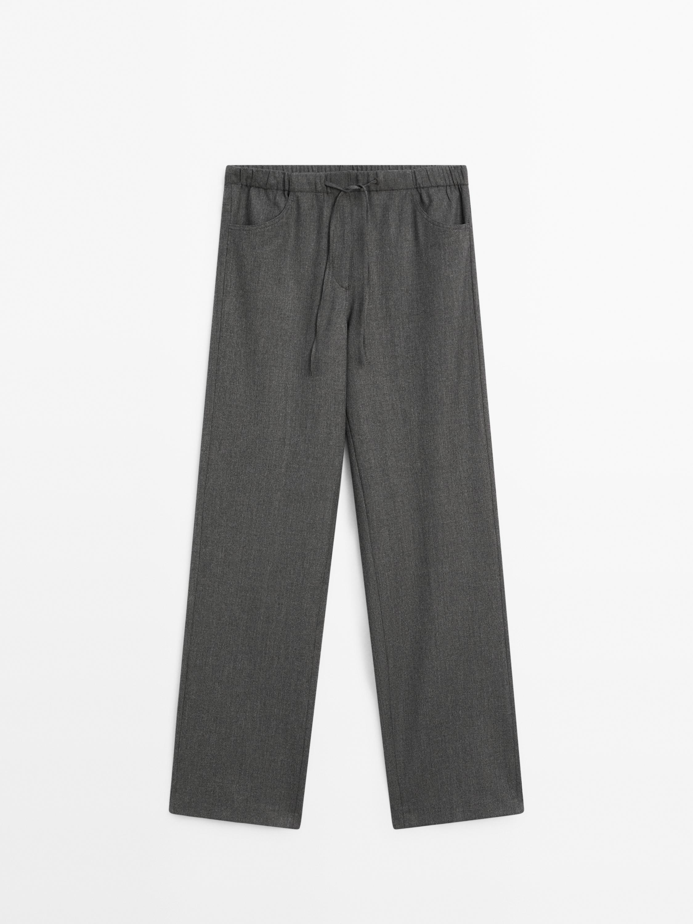 Pantalon straight en flanelle avec nœud